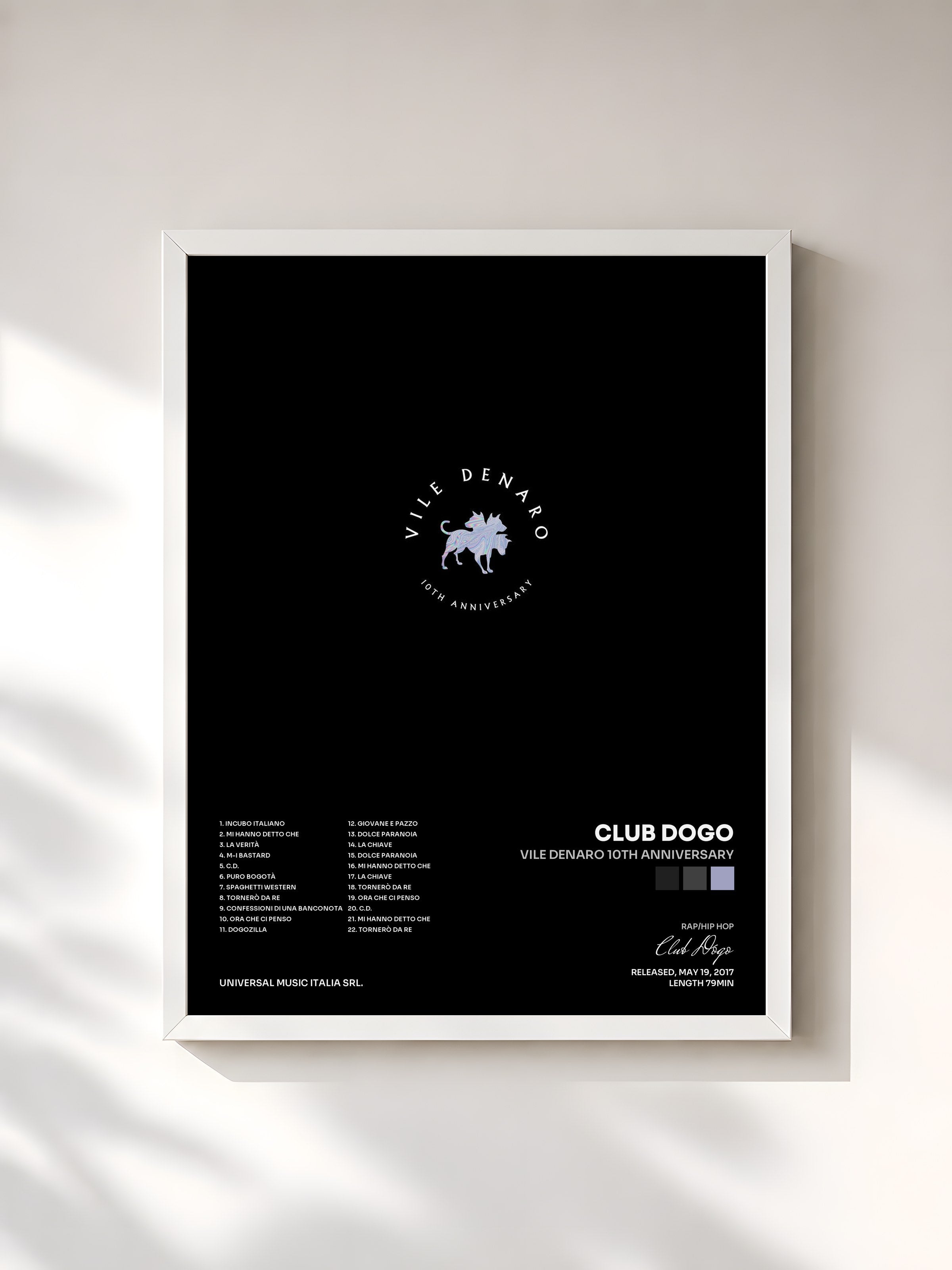 #blanc Tableau de l'album Vile Denaro 10th Anniversary de Club Dogo, cadre blanc, imprimé et encadré en France