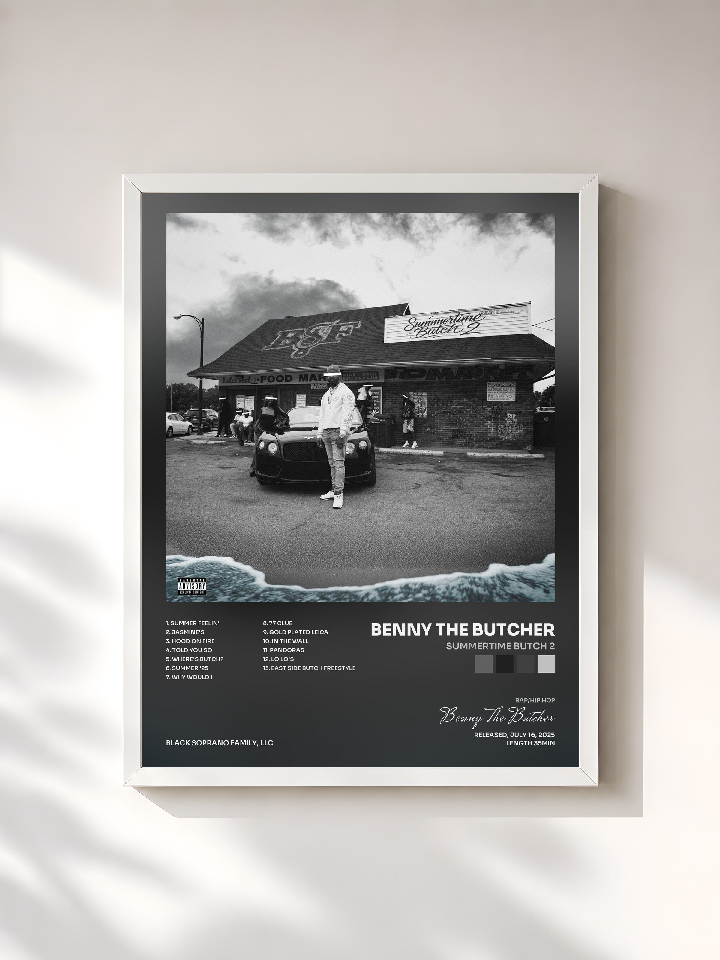 #blanc Tableau de l'album Summertime Butch 2 de Benny The Butcher, cadre blanc, imprimé et encadré en France