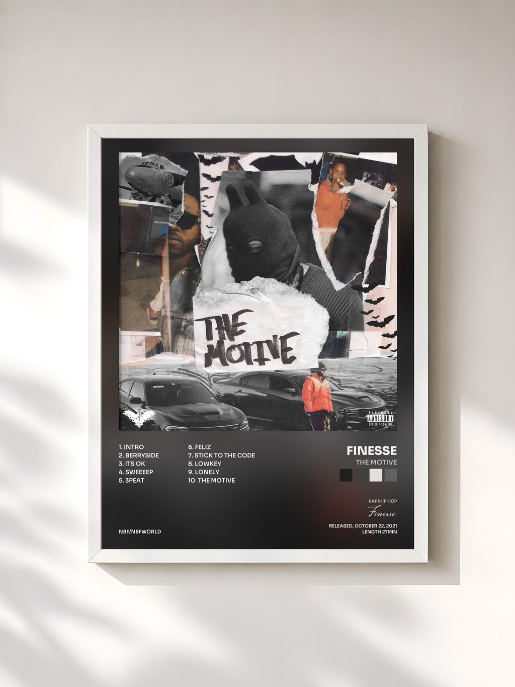 #blanc Tableau de l'album The Motive de Finesse, cadre blanc, imprimé et encadré en France