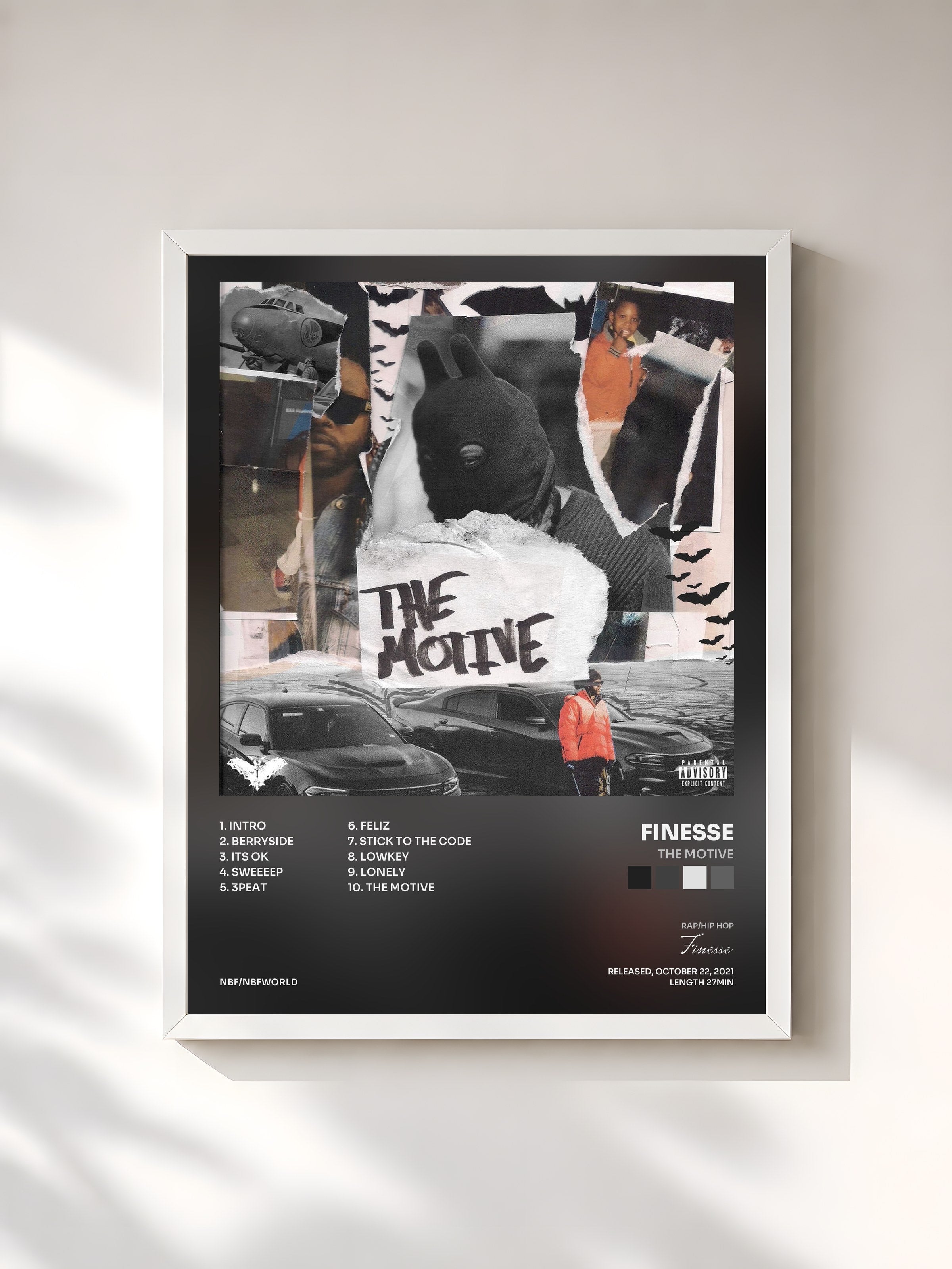 #blanc Tableau de l'album The Motive de Finesse, cadre blanc, imprimé et encadré en France
