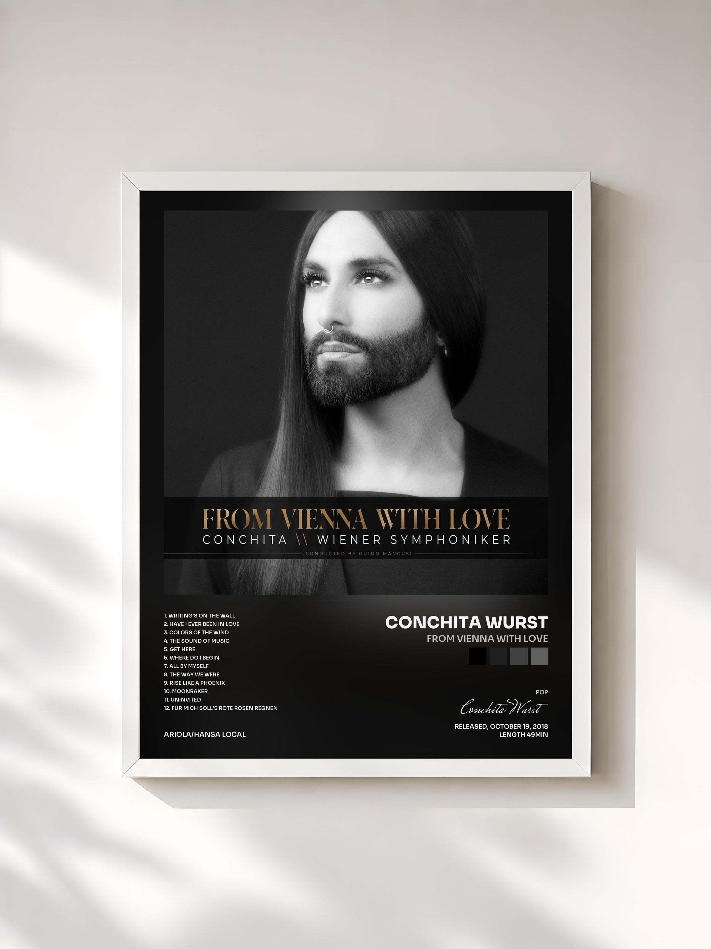 #blanc Tableau de l'album From Vienna with Love de Conchita Wurst, cadre blanc, imprimé et encadré en France