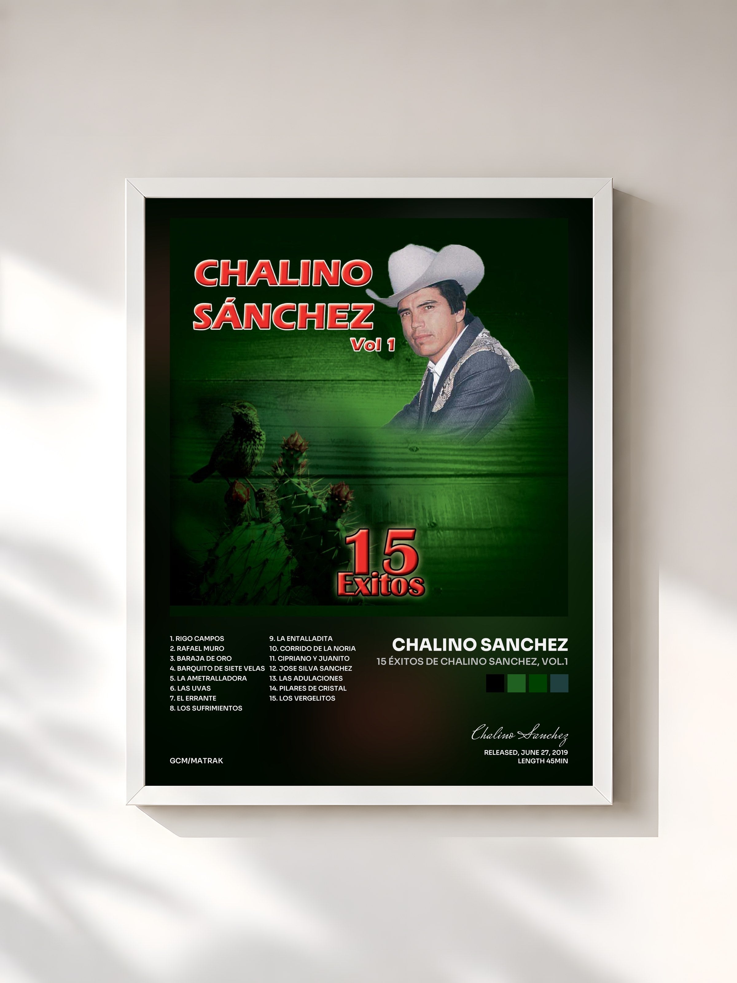#blanc Tableau de l'album 15 Éxitos de Chalino Sanchez, Vol.1 de Chalino Sanchez, cadre blanc, imprimé et encadré en France