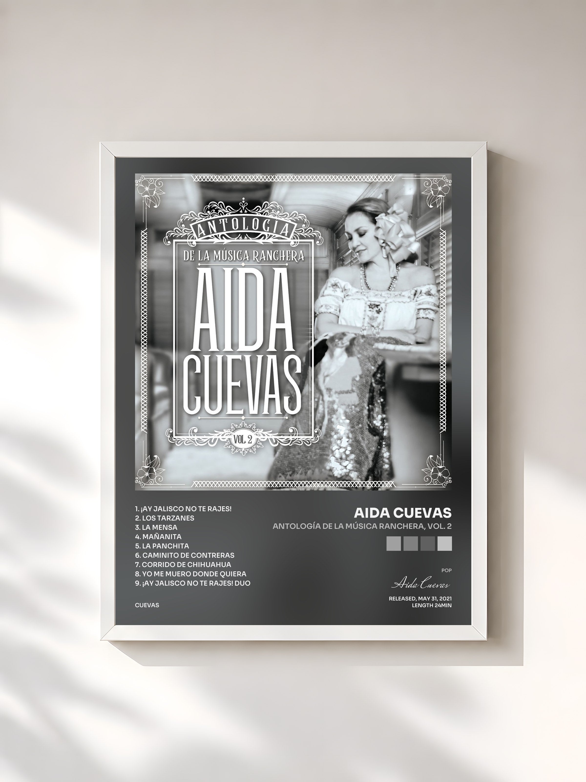 #blanc Tableau de l'album Antología De La Música Ranchera, Vol. 2 de Aida Cuevas, cadre blanc, imprimé et encadré en France