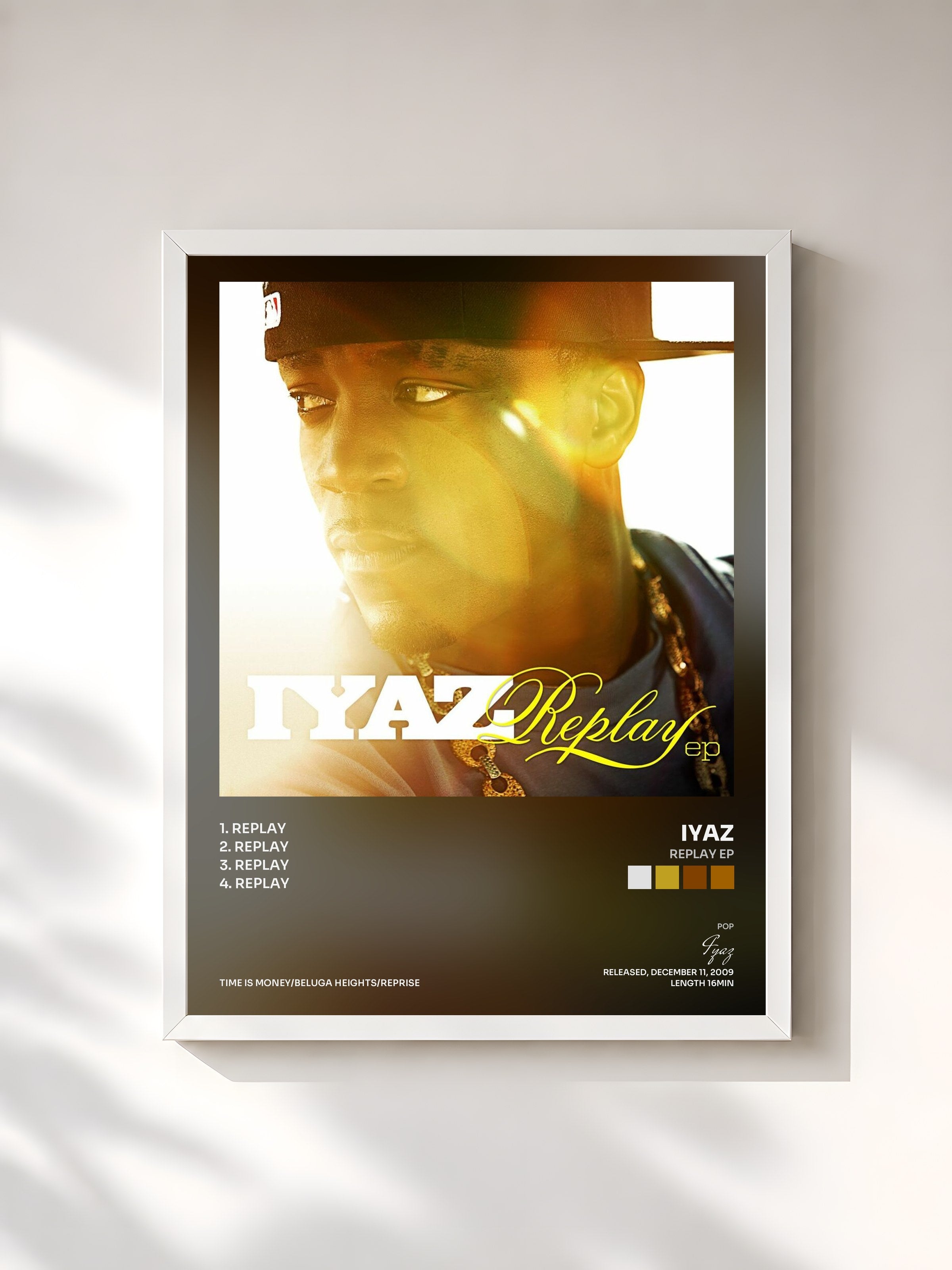 #blanc Tableau de l'album Replay EP de Iyaz, cadre blanc, imprimé et encadré en France