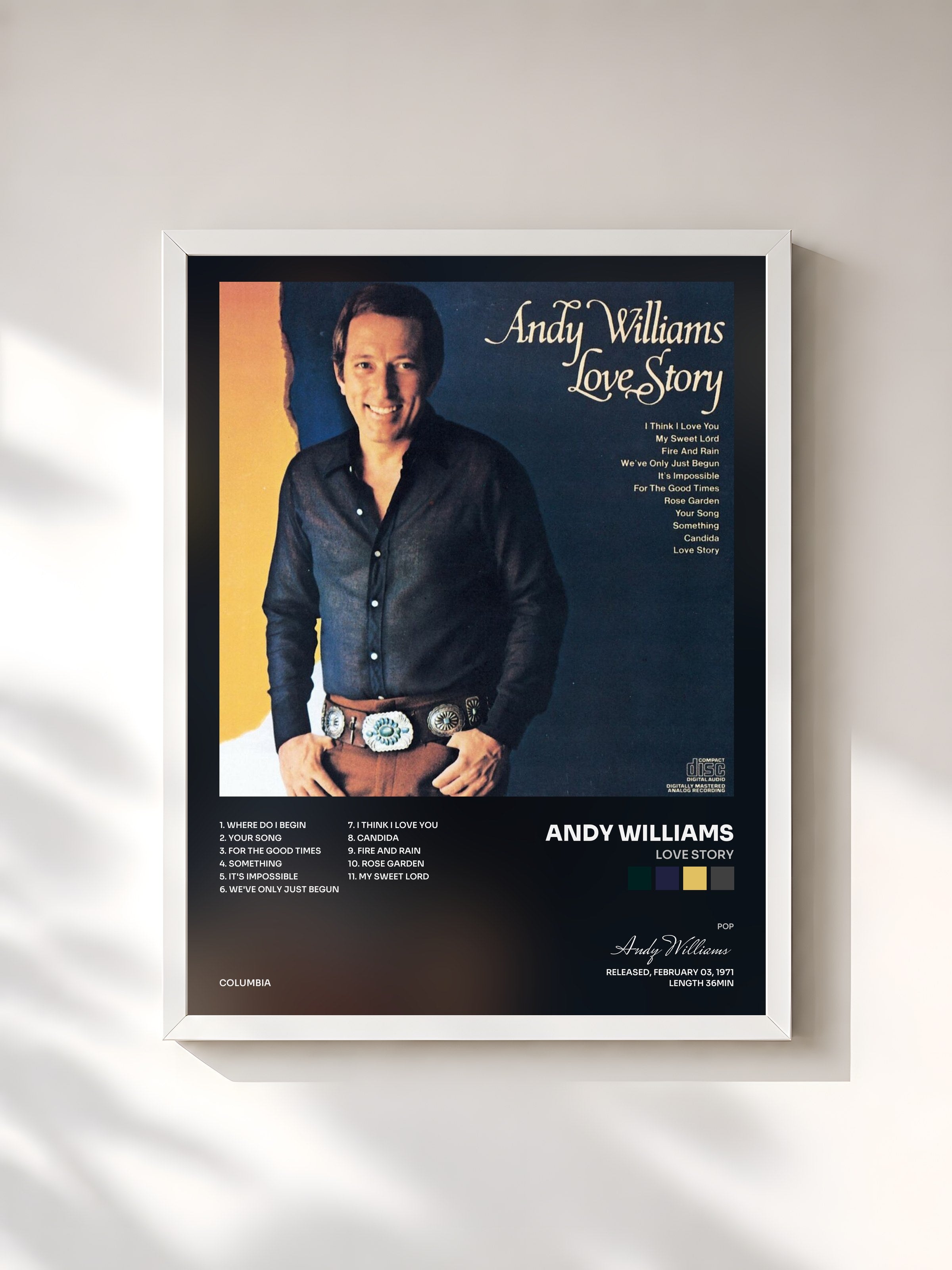 #blanc Tableau de l'album Love Story de Andy Williams, cadre blanc, imprimé et encadré en France