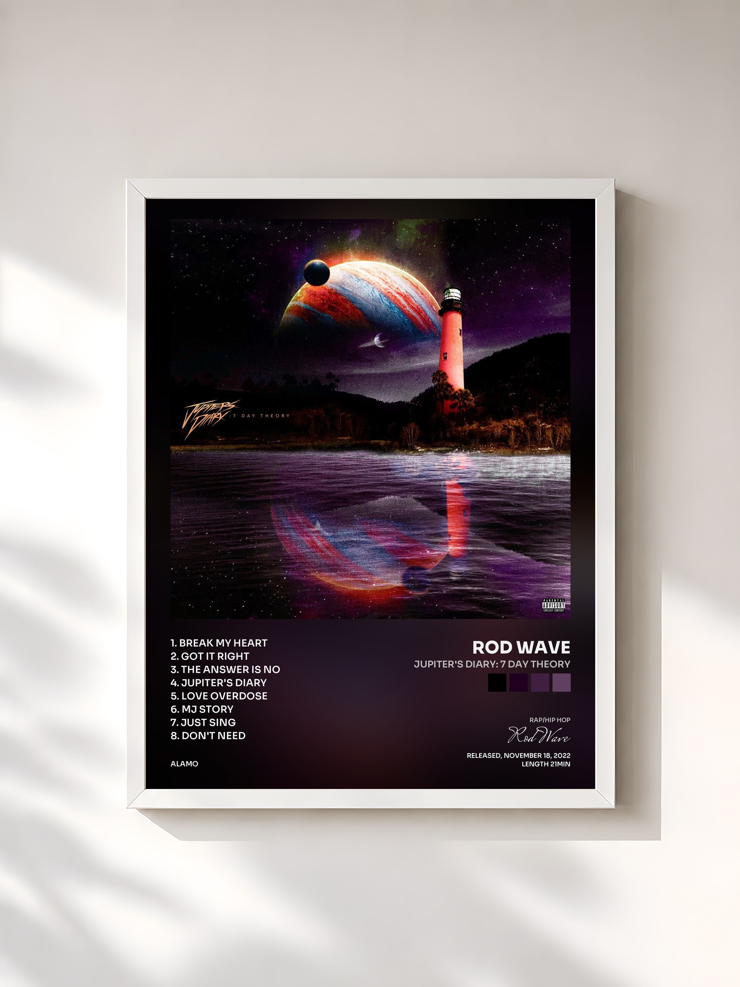 #blanc Tableau de l'album Jupiter's Diary: 7 Day Theory de Rod Wave, cadre blanc, imprimé et encadré en France