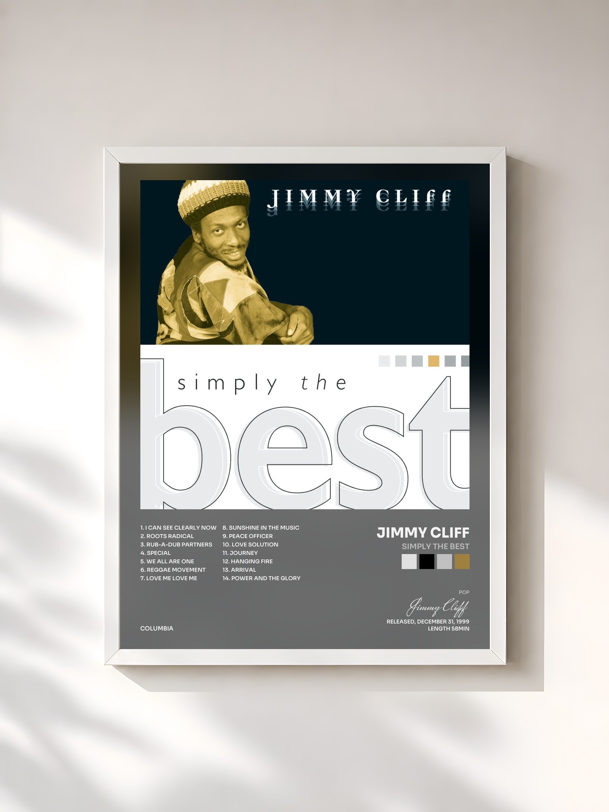 #blanc Tableau de l'album Simply The Best de Jimmy Cliff, cadre blanc, imprimé et encadré en France