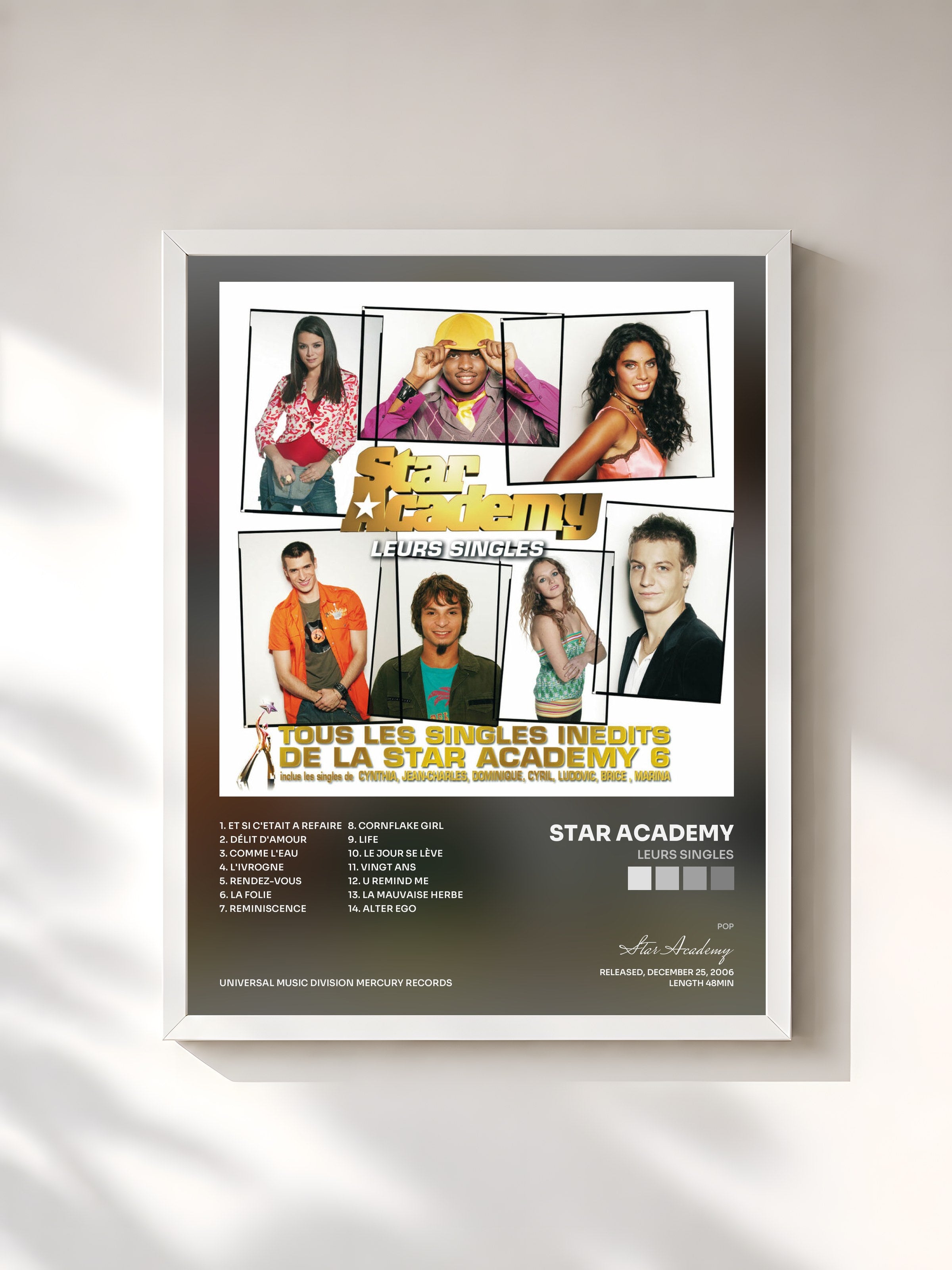 #blanc Tableau de l'album Leurs Singles de Star Academy, cadre blanc, imprimé et encadré en France