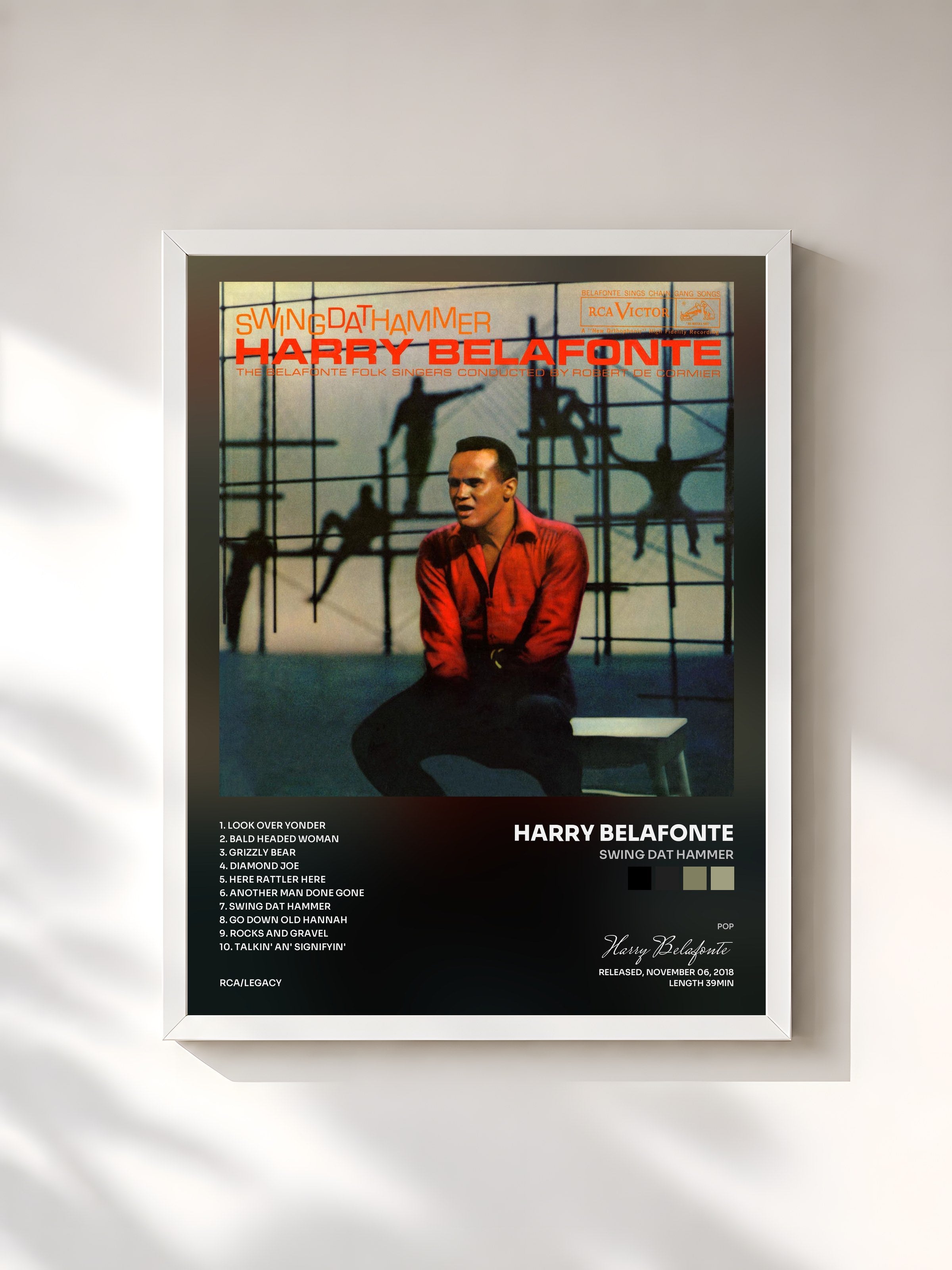 #blanc Tableau de l'album Swing Dat Hammer de Harry Belafonte, cadre blanc, imprimé et encadré en France