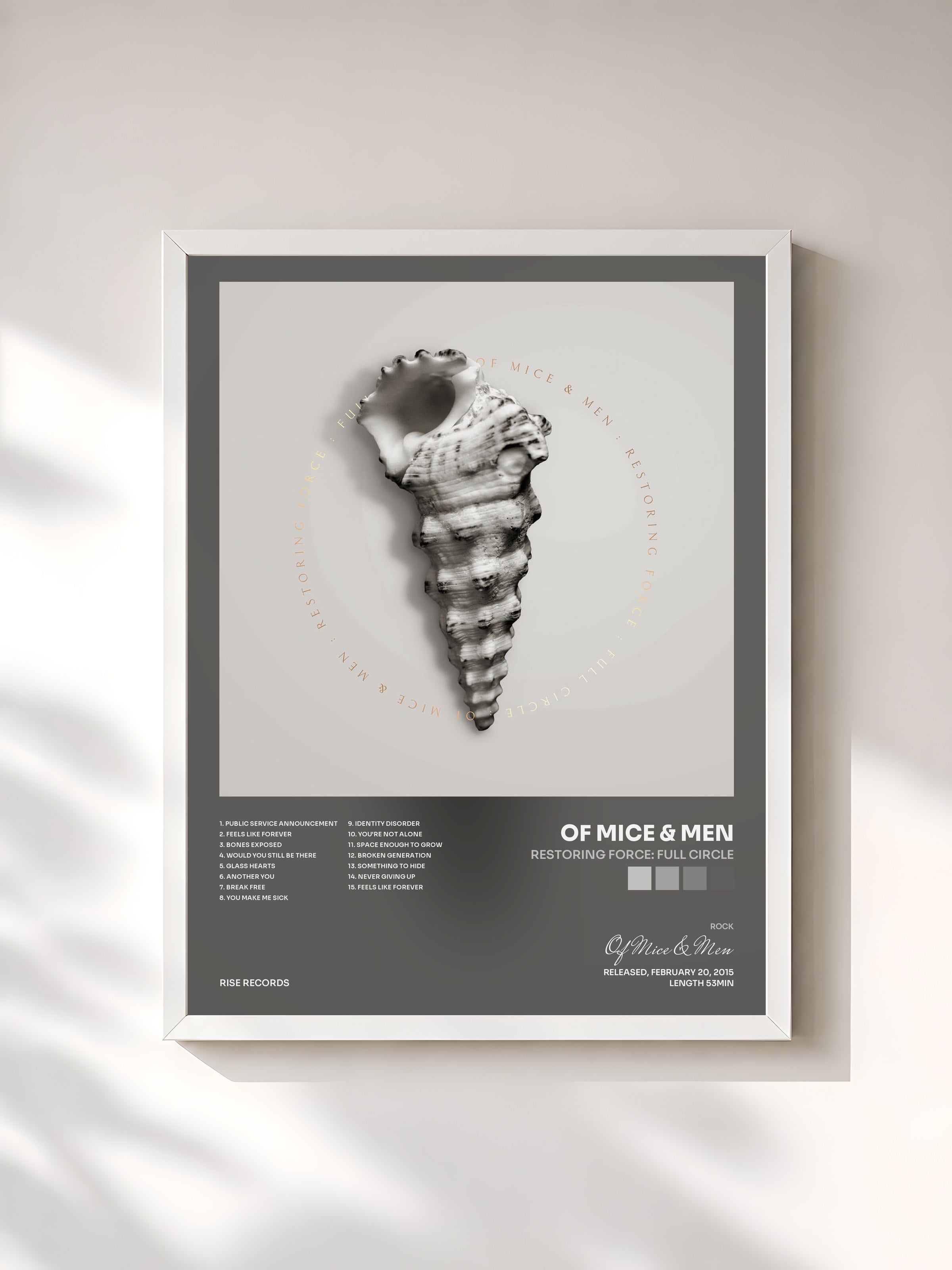 #blanc Tableau de l'album Restoring Force: Full Circle de Of Mice & Men, cadre blanc, imprimé et encadré en France