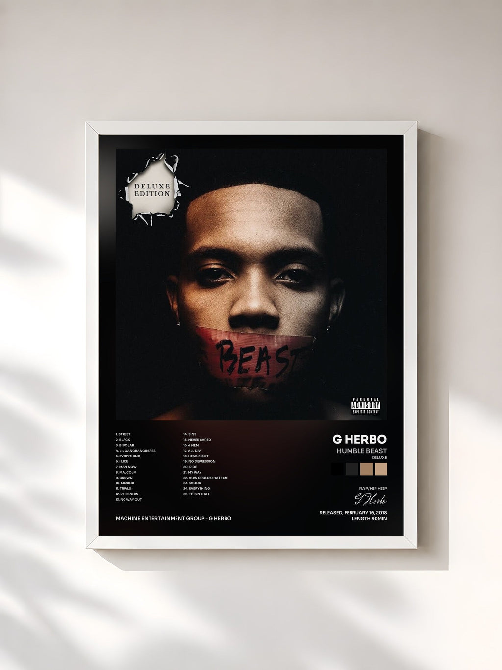 #blanc Humble Beast (Deluxe) by G Herbo as a framed art print, white frame, printed and framed in France