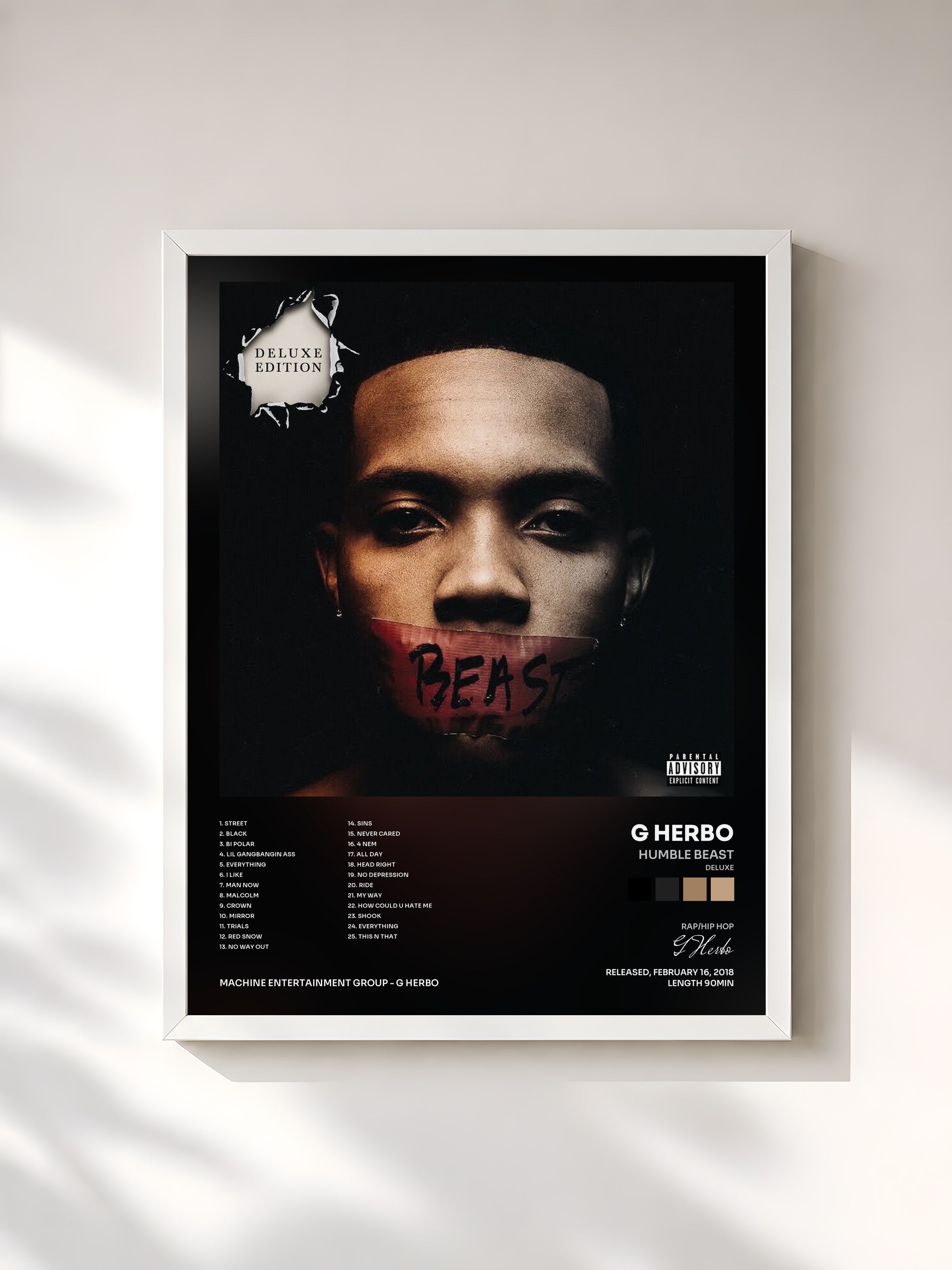 #blanc Tableau de l'album Humble Beast (Deluxe) de G Herbo, cadre blanc, imprimé et encadré en France