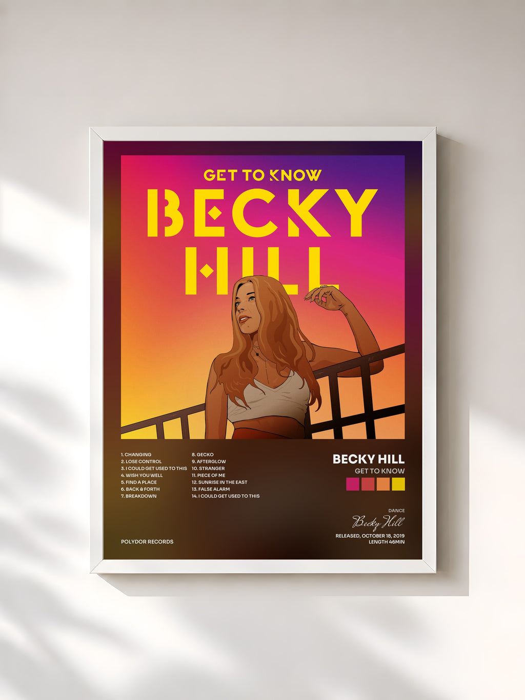 #blanc Get To Know by Becky Hill as a framed art print, white frame, printed and framed in France
