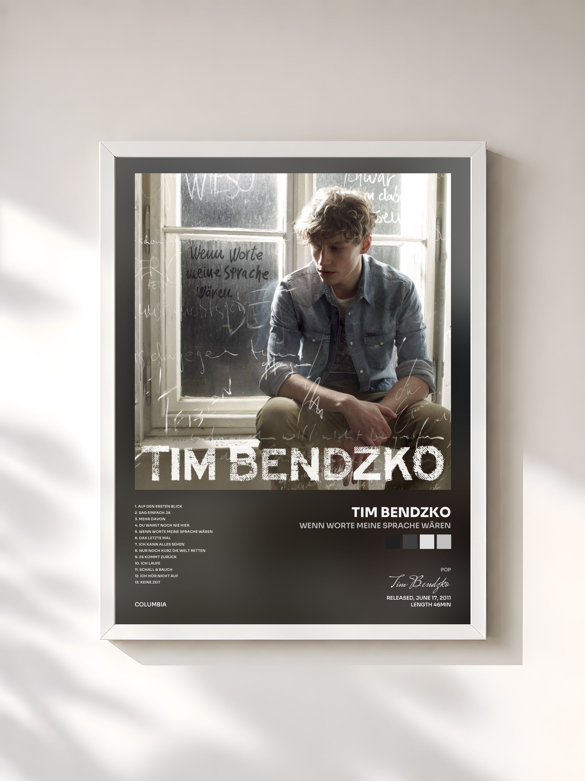 #blanc Tableau de l'album Wenn Worte meine Sprache wären de Tim Bendzko, cadre blanc, imprimé et encadré en France