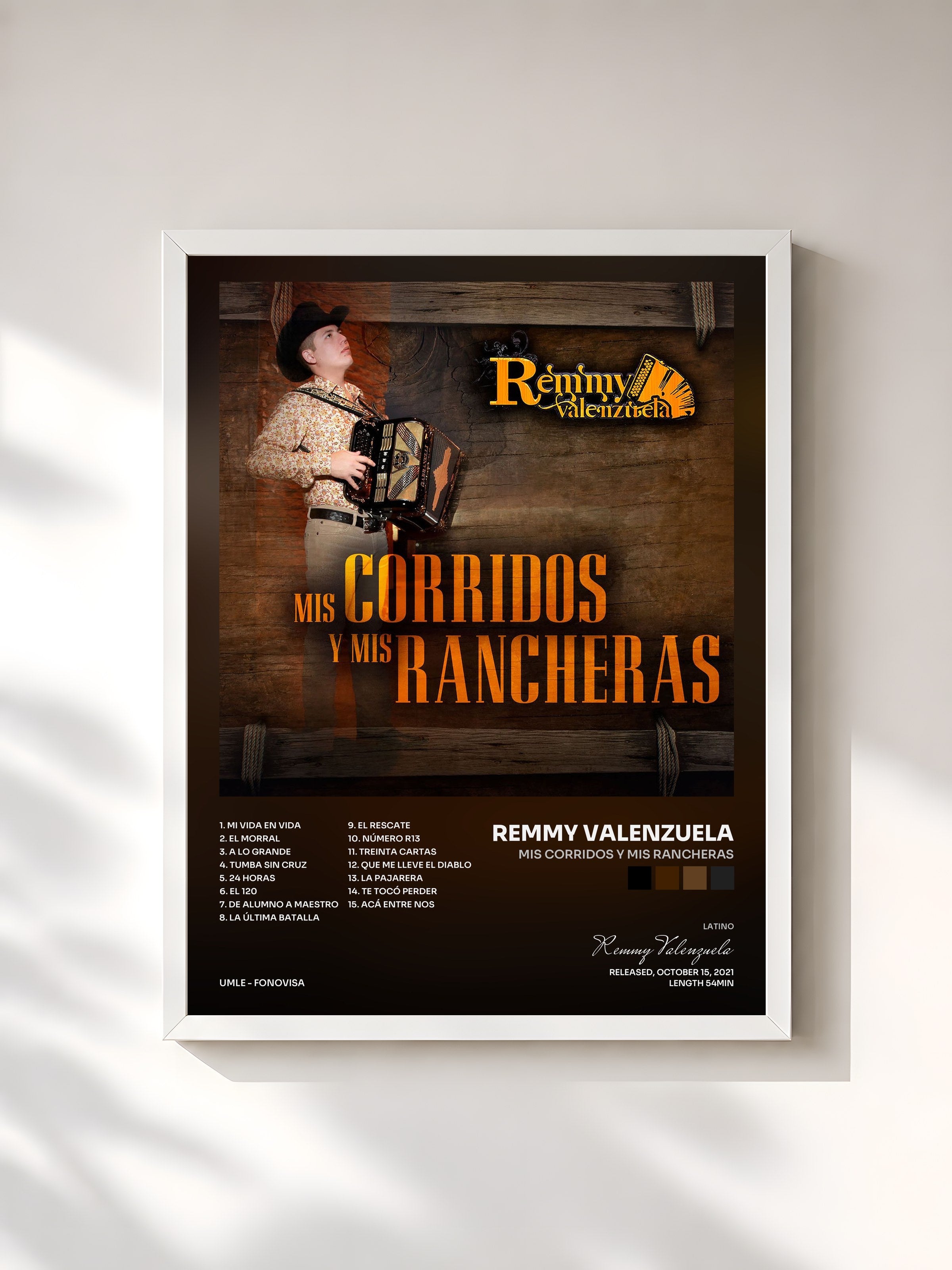 #blanc Tableau de l'album Mis Corridos Y Mis Rancheras de Remmy Valenzuela, cadre blanc, imprimé et encadré en France