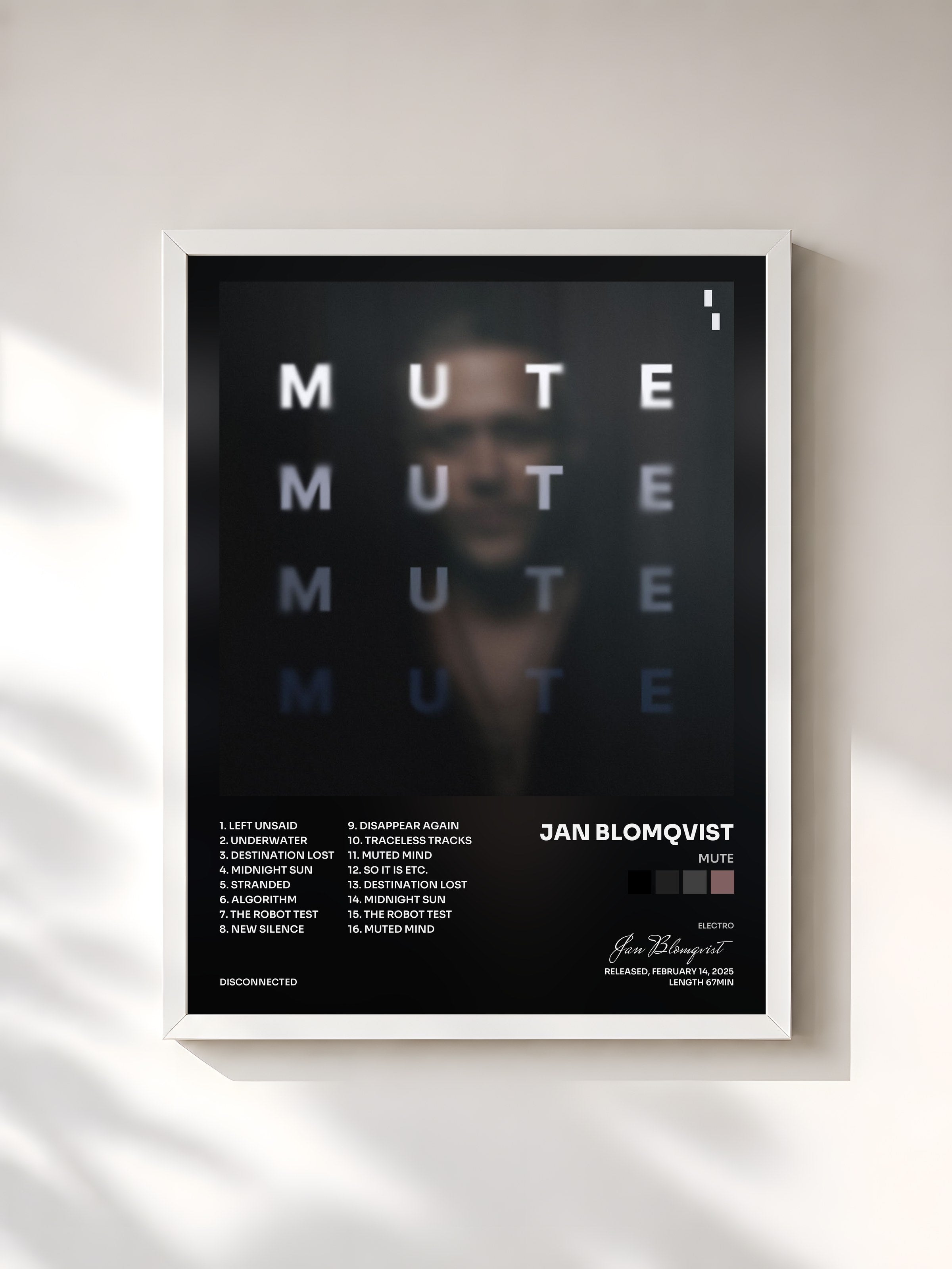 #blanc Tableau de l'album MUTE de Jan Blomqvist, cadre blanc, imprimé et encadré en France