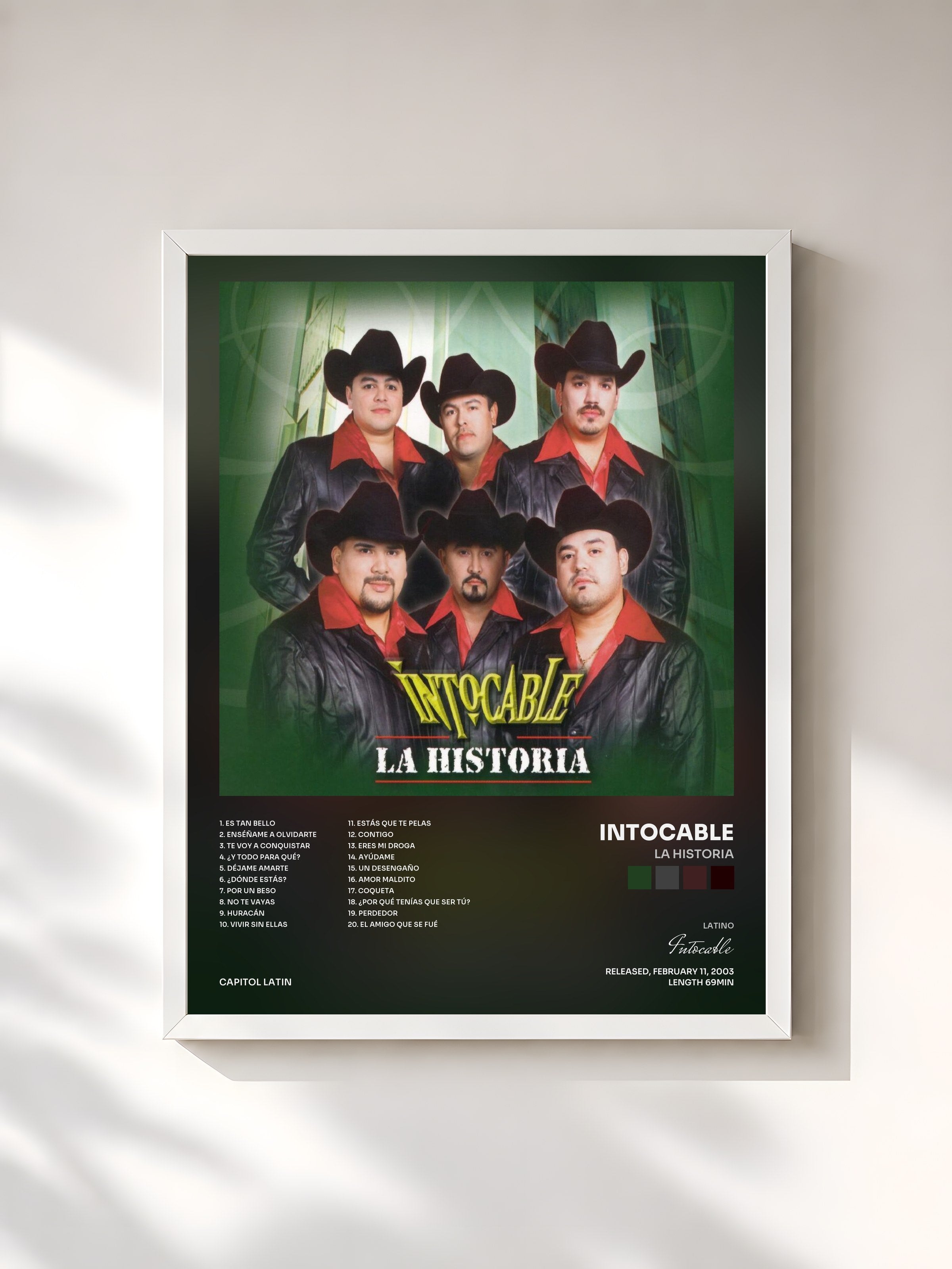 #blanc Tableau de l'album La Historia de Intocable, cadre blanc, imprimé et encadré en France