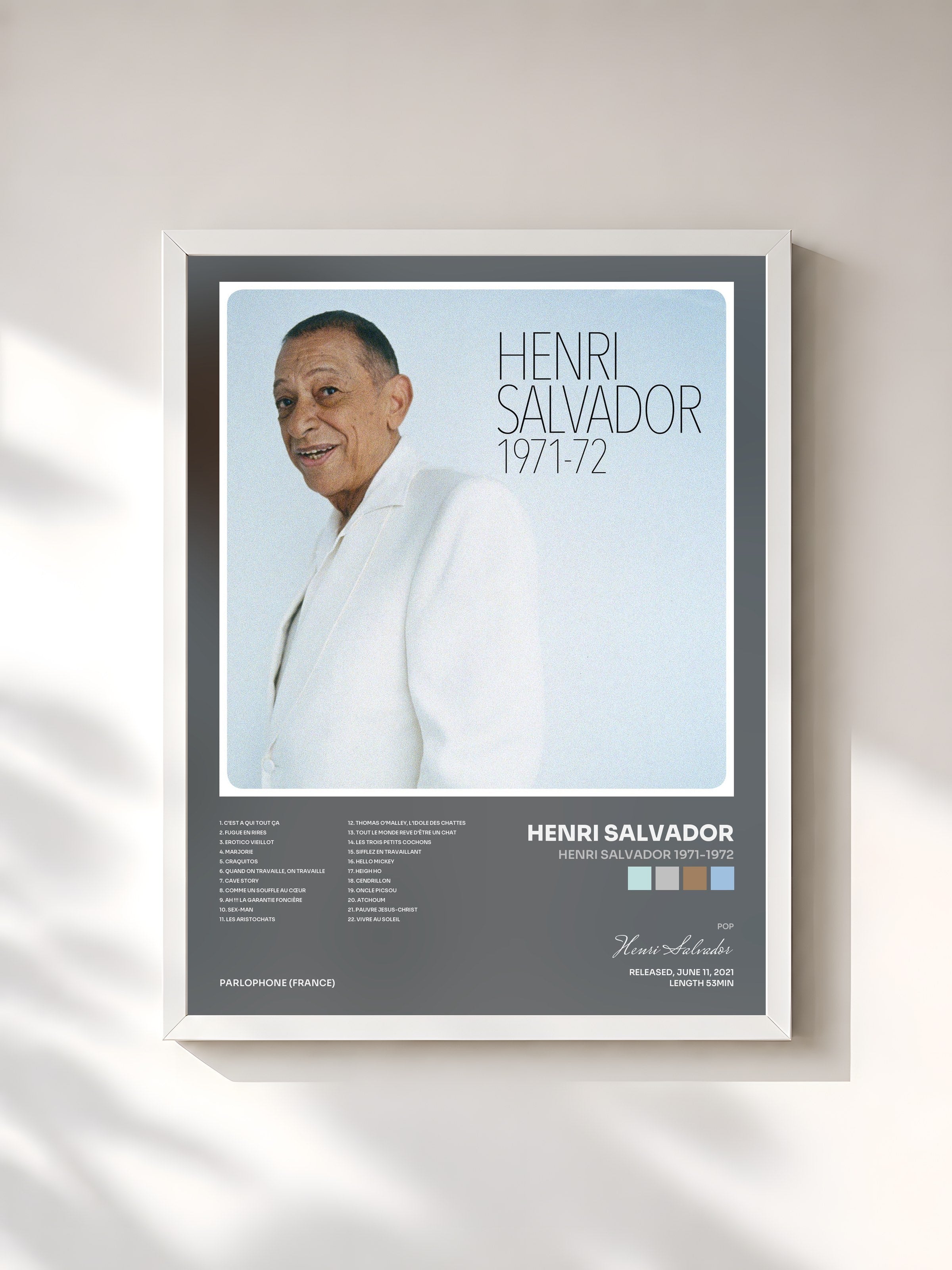 #blanc Tableau de l'album Henri Salvador 1971-1972 de Henri Salvador, cadre blanc, imprimé et encadré en France