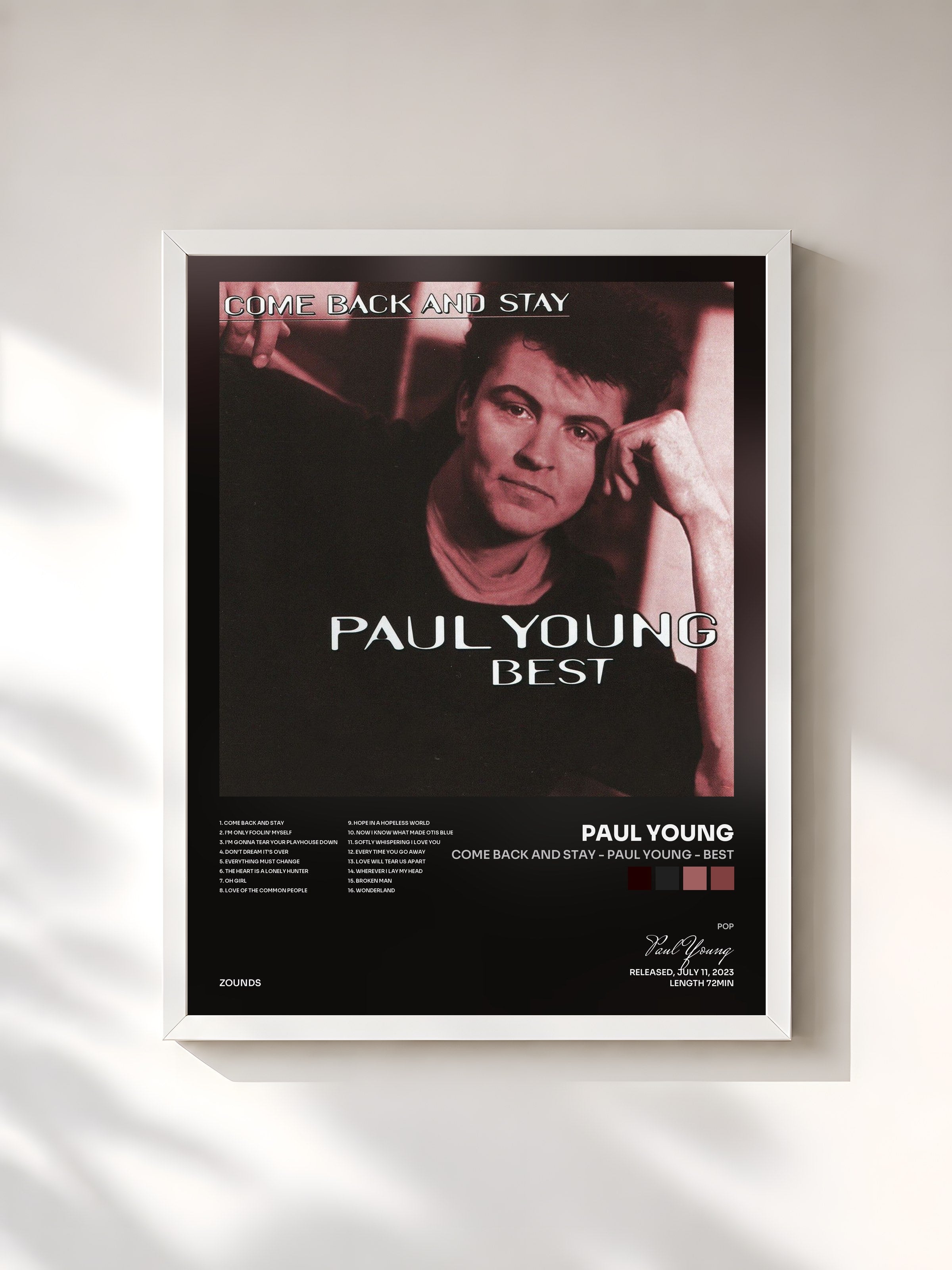#blanc Tableau de l'album Come Back and Stay - Paul Young - Best de Paul Young, cadre blanc, imprimé et encadré en France