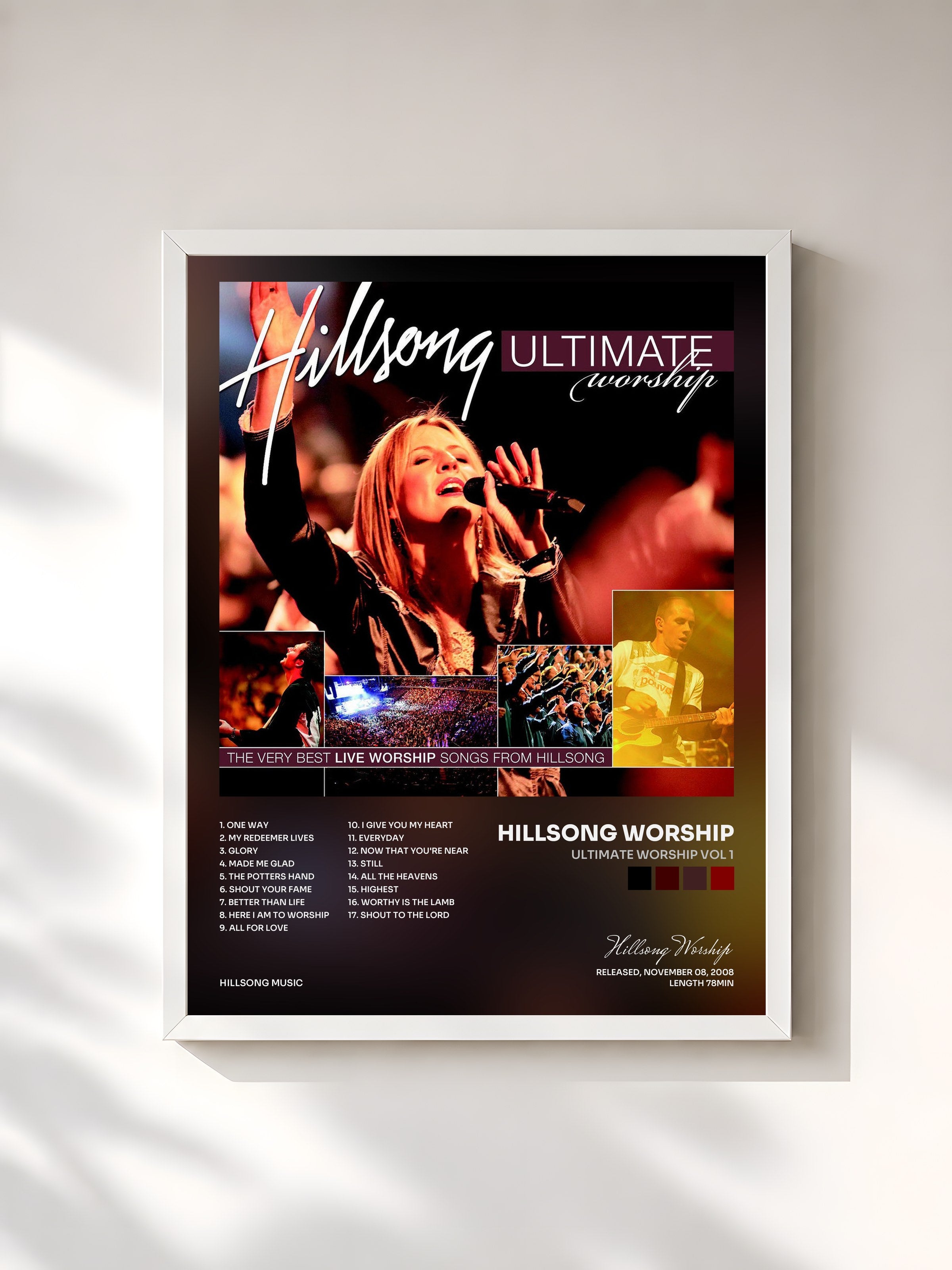 #blanc Tableau de l'album Ultimate Worship Vol 1 de Hillsong Worship, cadre blanc, imprimé et encadré en France