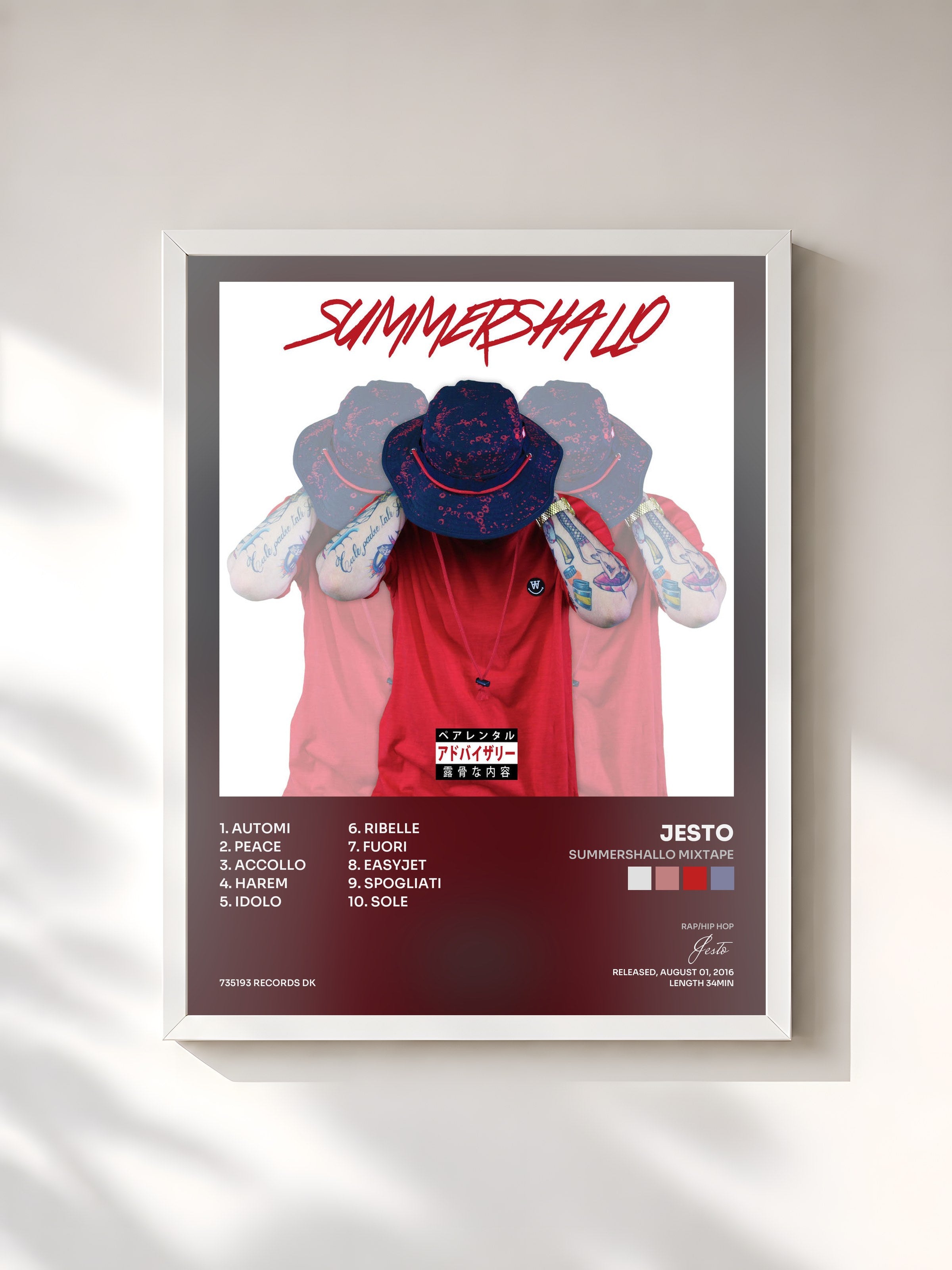 #blanc Tableau de l'album Summershallo Mixtape de Jesto, cadre blanc, imprimé et encadré en France