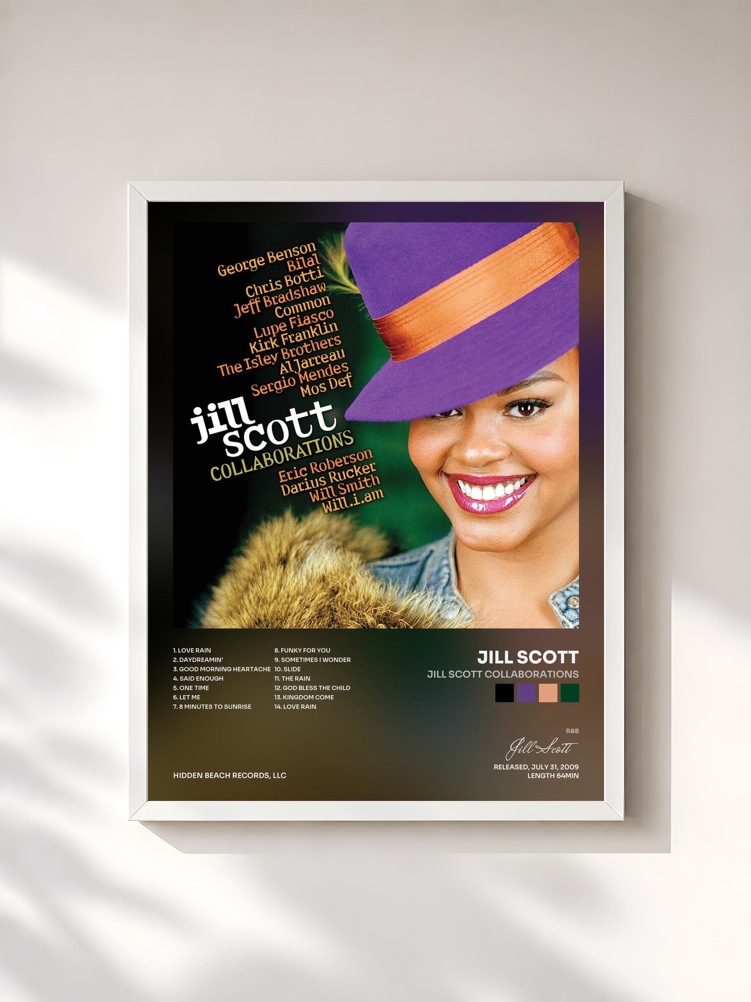 #blanc Tableau de l'album Jill Scott Collaborations de Jill Scott, cadre blanc, imprimé et encadré en France