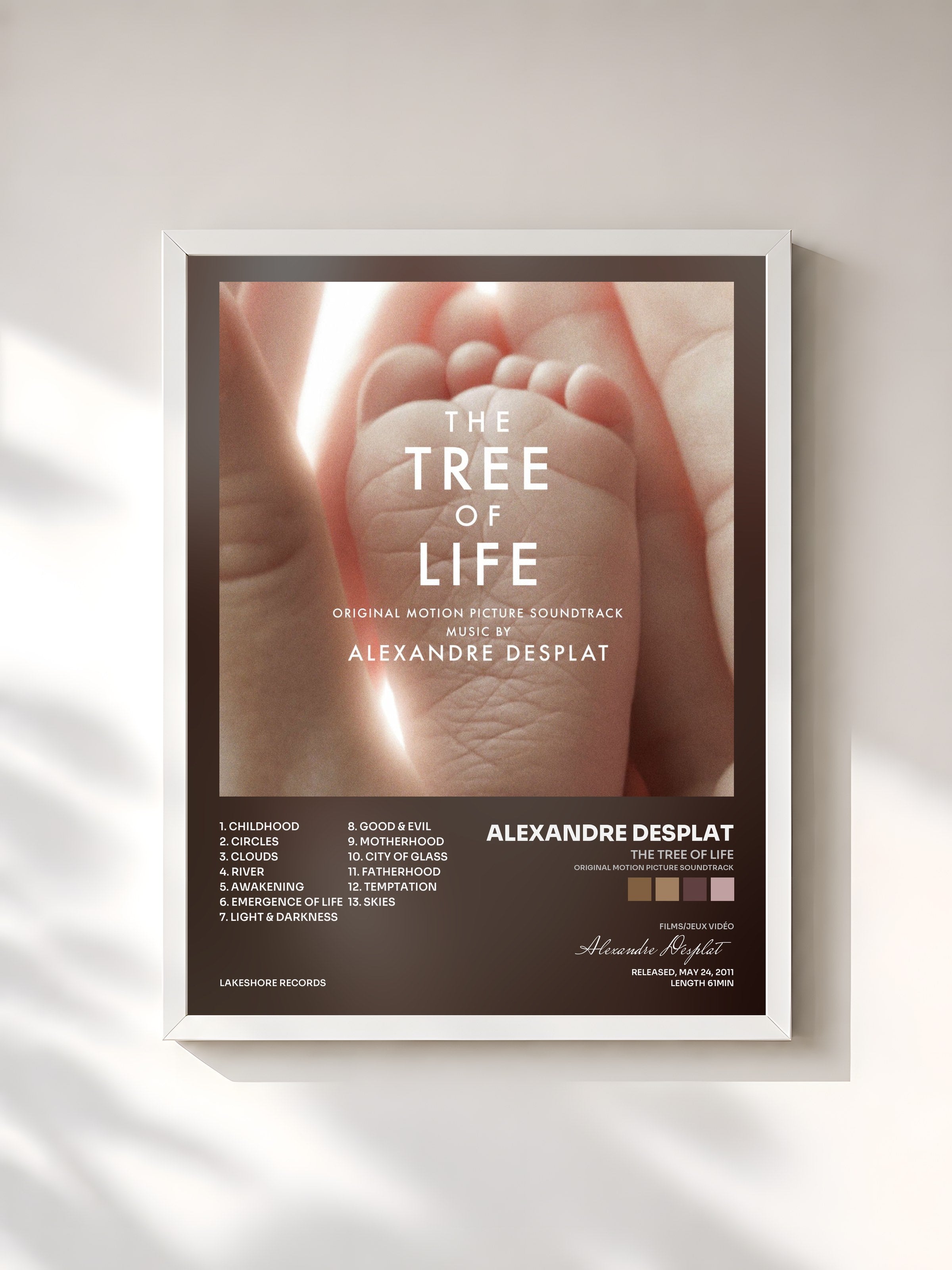 #blanc Tableau de l'album The Tree of Life (Original Motion Picture Soundtrack) de Alexandre Desplat, cadre blanc, imprimé et encadré en France