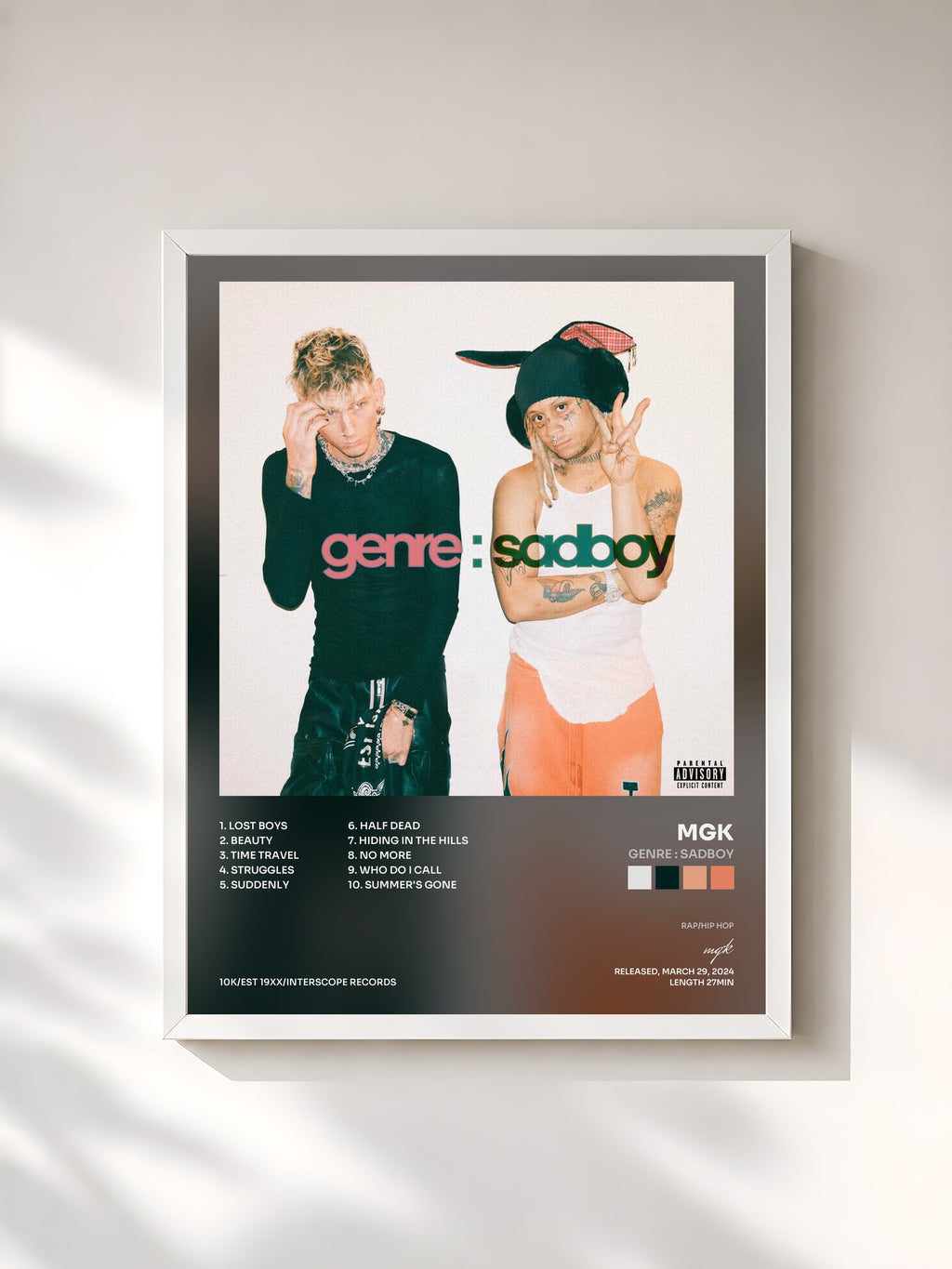 #blanc Tableau de l'album genre : sadboy de mgk, cadre blanc, imprimé et encadré en France