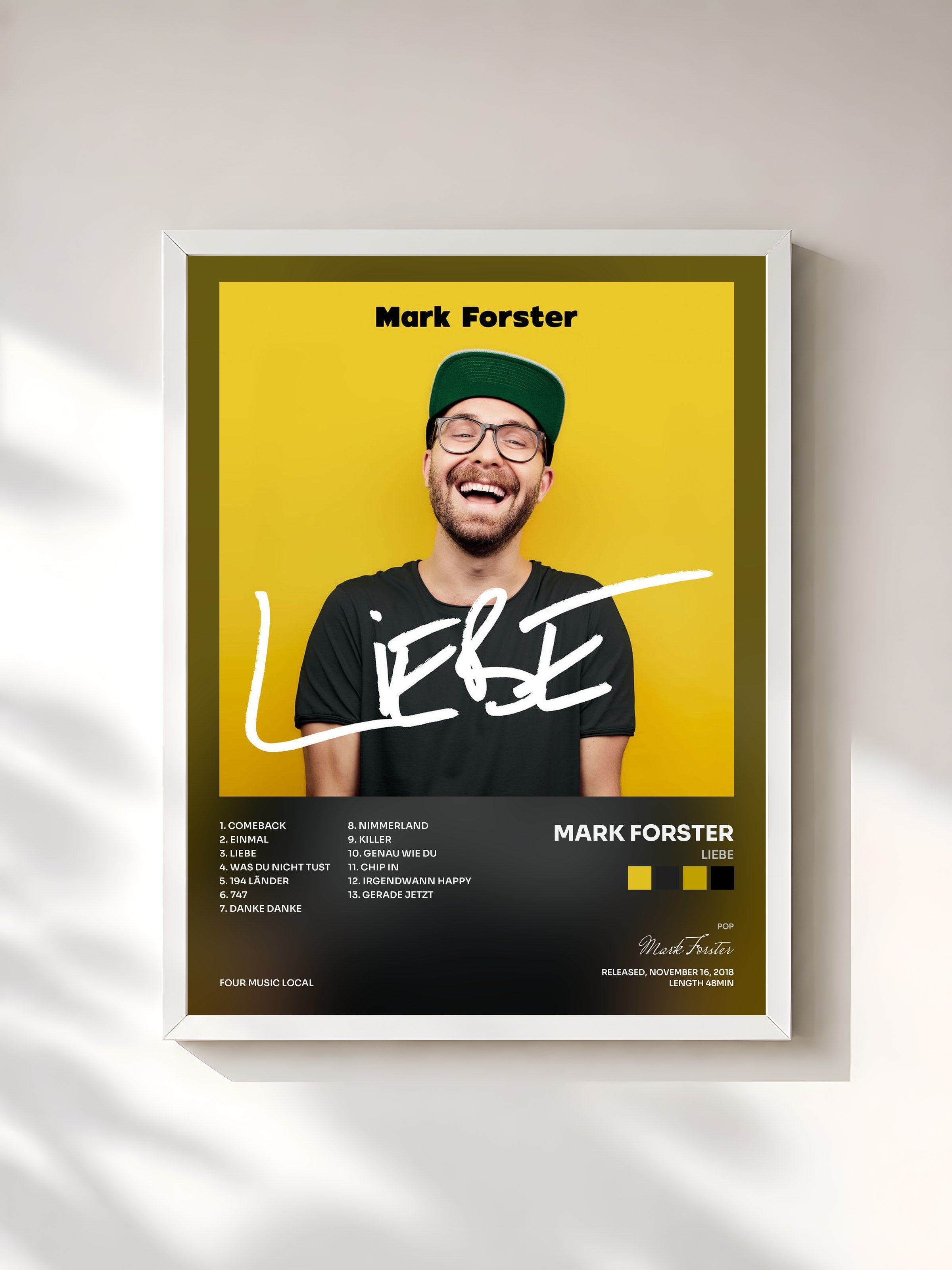 #blanc Tableau de l'album LIEBE de Mark Forster, cadre blanc, imprimé et encadré en France