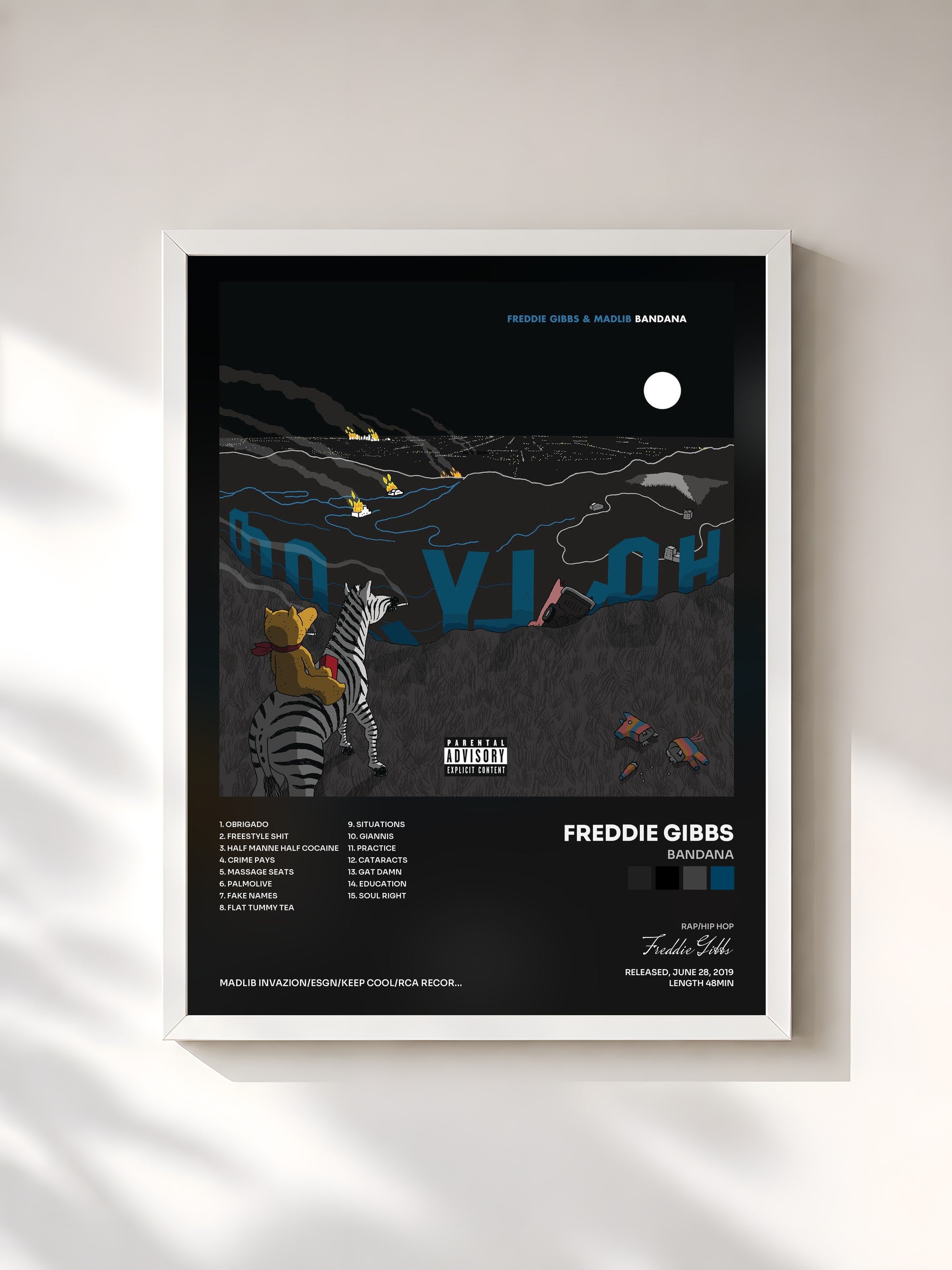 #blanc Tableau de l'album Bandana de Freddie Gibbs, cadre blanc, imprimé et encadré en France