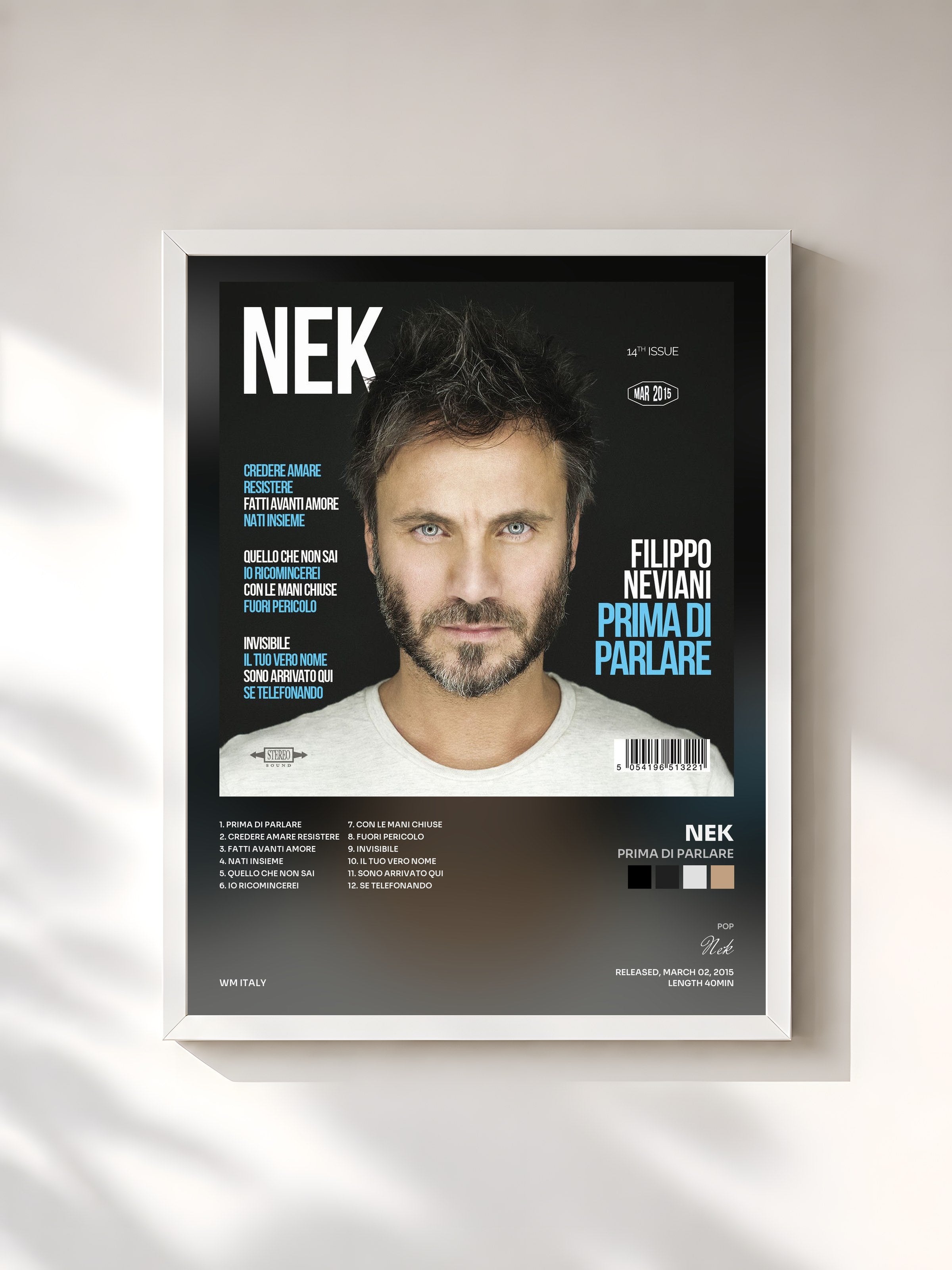 #blanc Tableau de l'album Prima di parlare de Nek, cadre blanc, imprimé et encadré en France