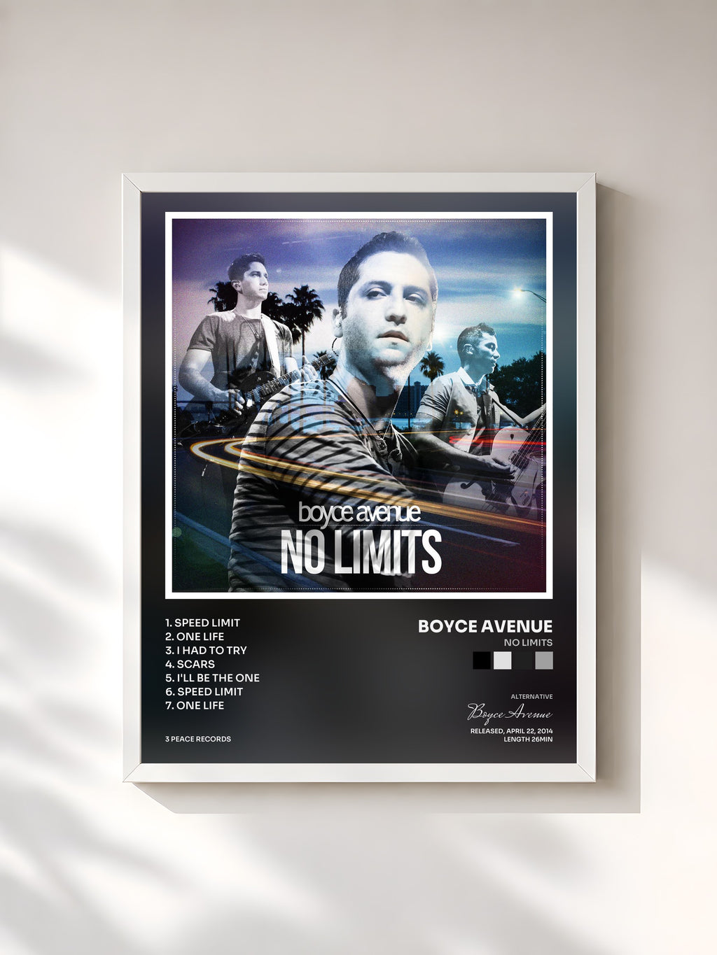 #blanc Tableau de l'album No Limits de Boyce Avenue, cadre blanc, imprimé et encadré en France