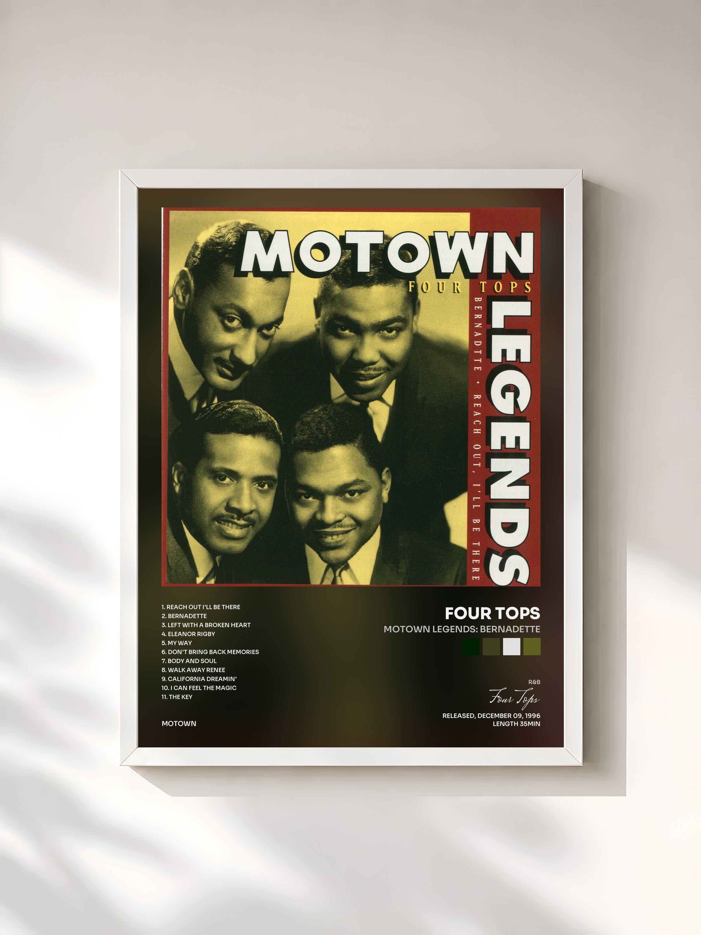 #blanc Tableau de l'album Motown Legends: Bernadette de Four Tops, cadre blanc, imprimé et encadré en France
