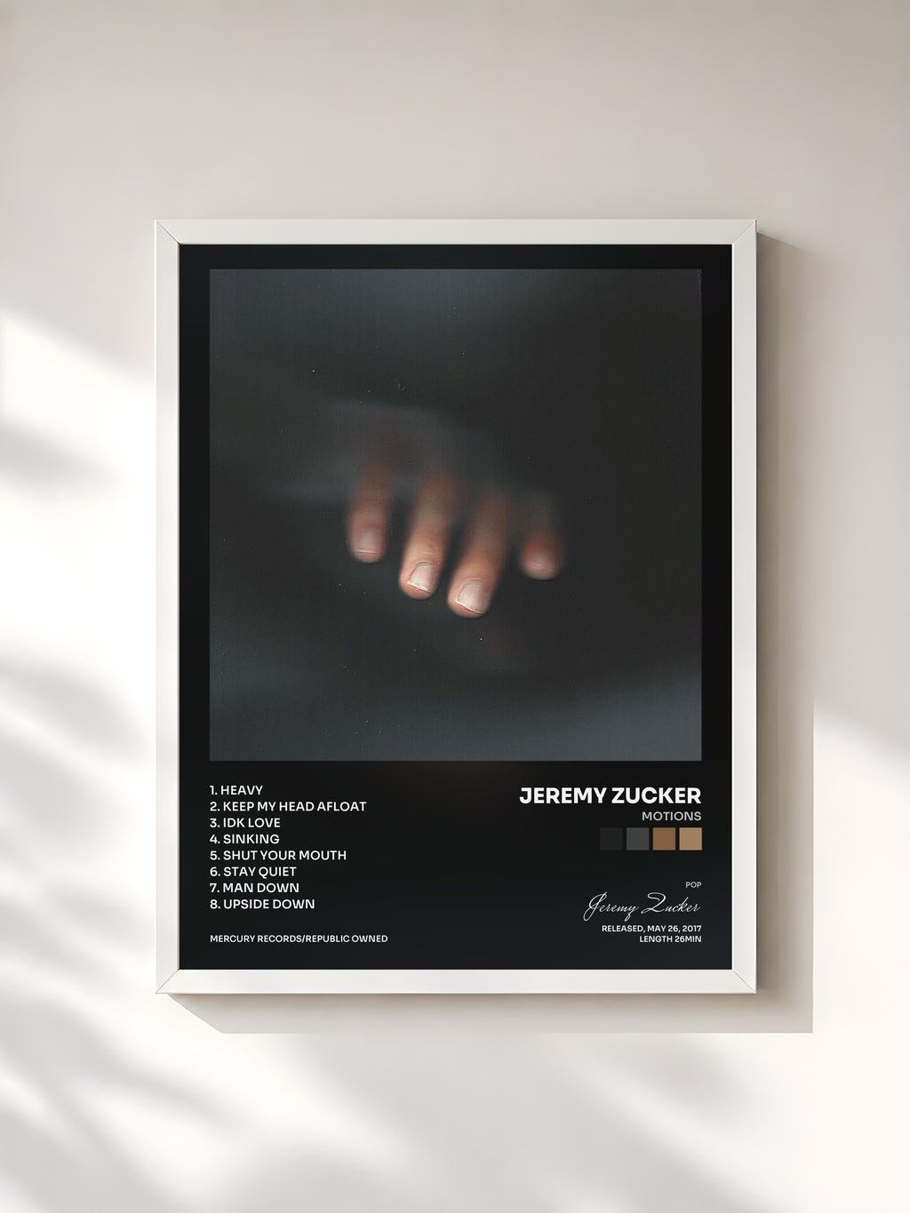#blanc Tableau de l'album Motions de Jeremy Zucker, cadre blanc, imprimé et encadré en France