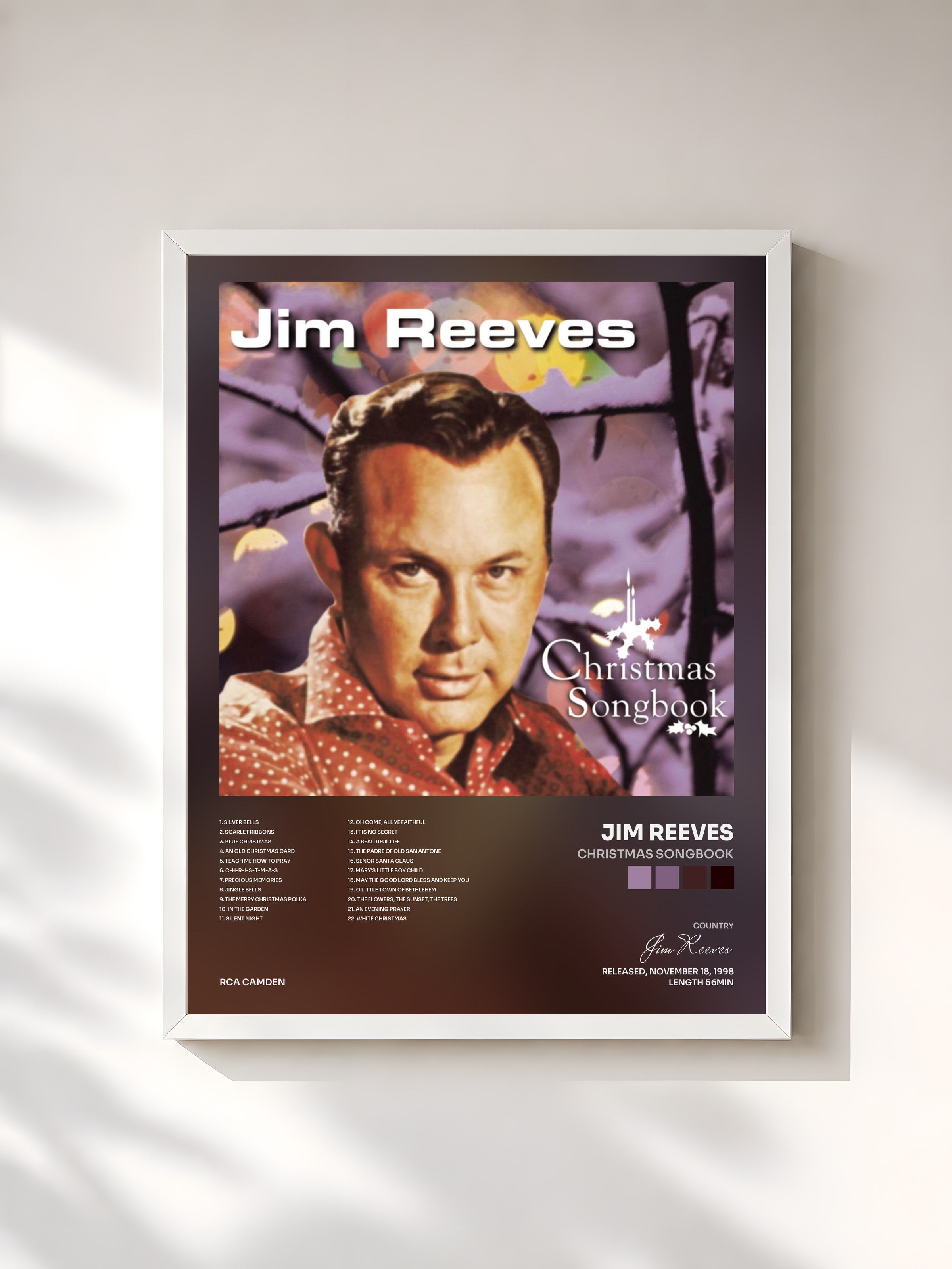 #blanc Tableau de l'album Christmas Songbook de Jim Reeves, cadre blanc, imprimé et encadré en France