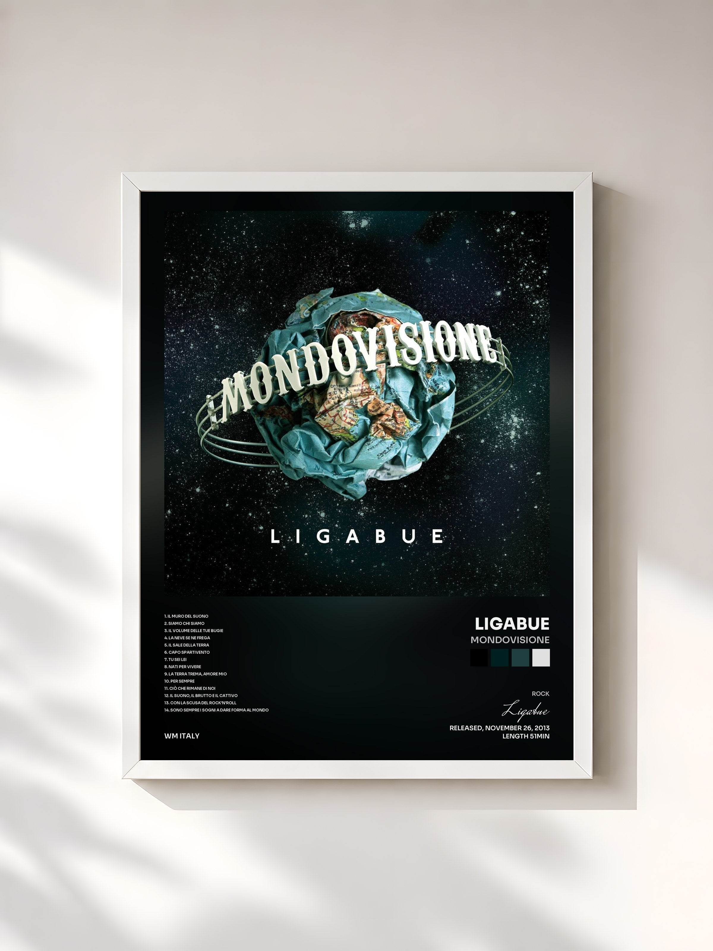 #blanc Tableau de l'album Mondovisione de Ligabue, cadre blanc, imprimé et encadré en France