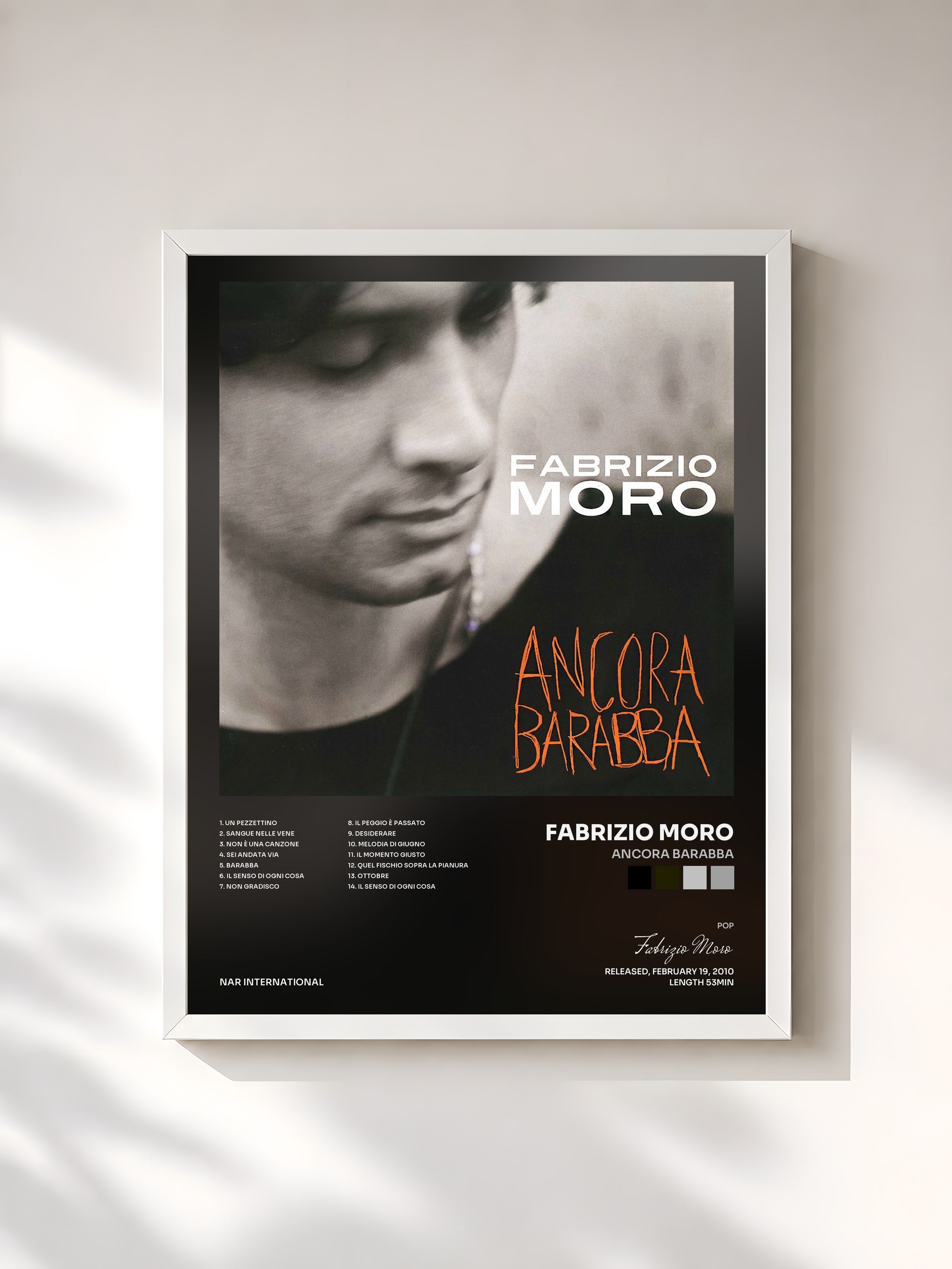 #blanc Tableau de l'album Ancora barabba de Fabrizio Moro, cadre blanc, imprimé et encadré en France