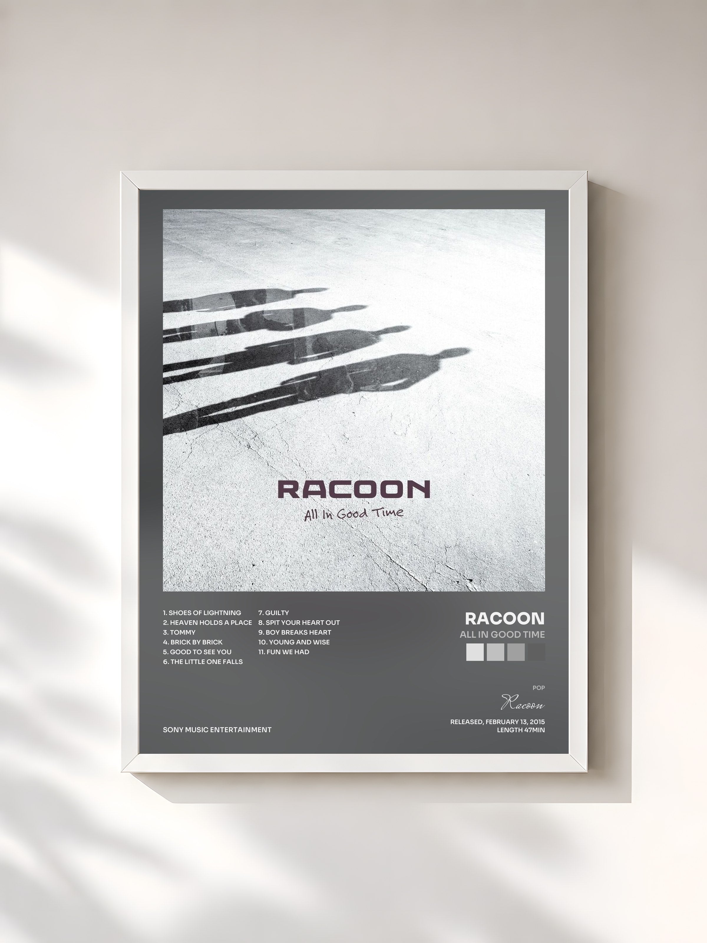 #blanc Tableau de l'album All in Good Time de Racoon, cadre blanc, imprimé et encadré en France