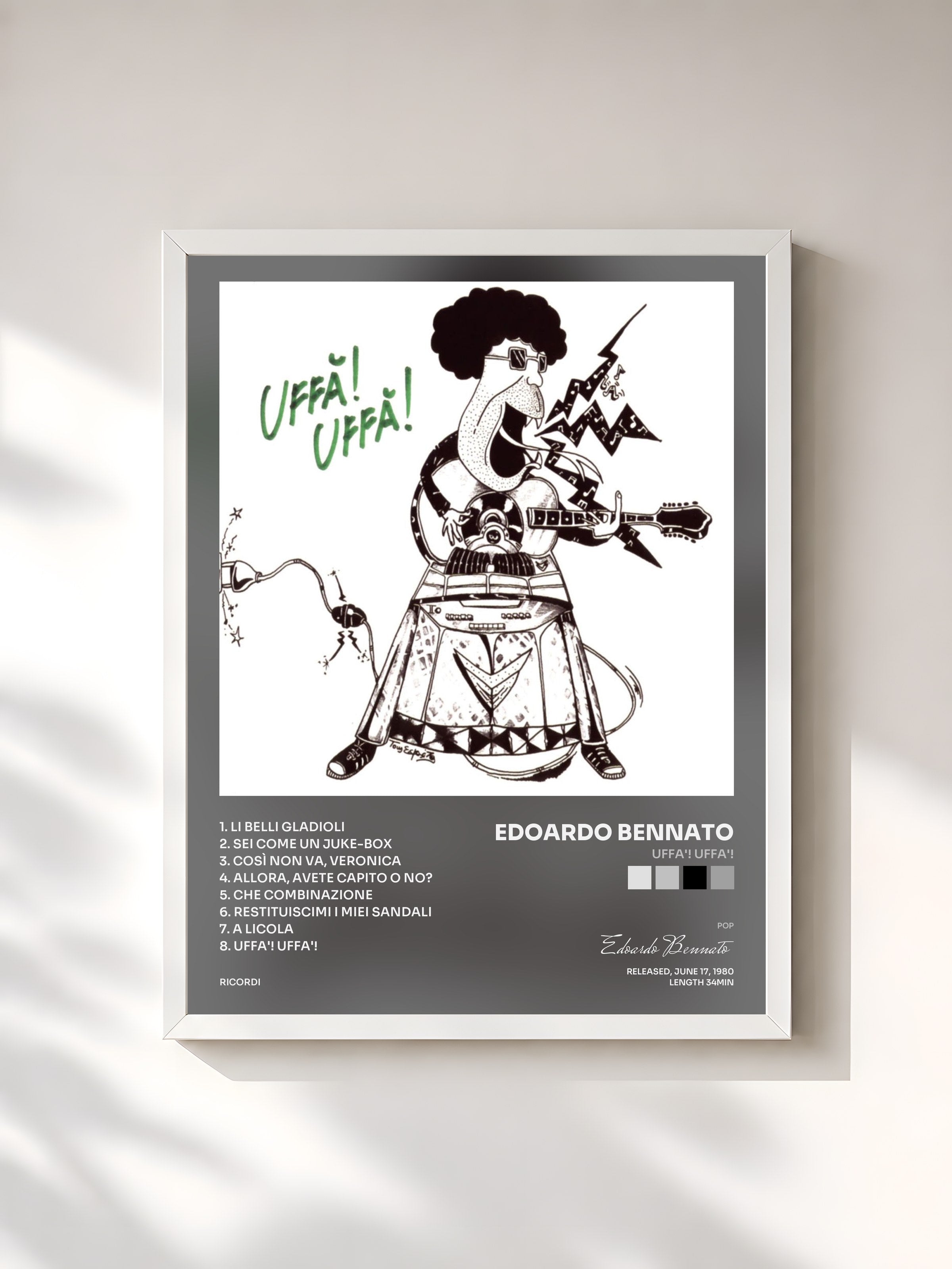 #blanc Tableau de l'album Uffa'! Uffa'! de Edoardo Bennato, cadre blanc, imprimé et encadré en France