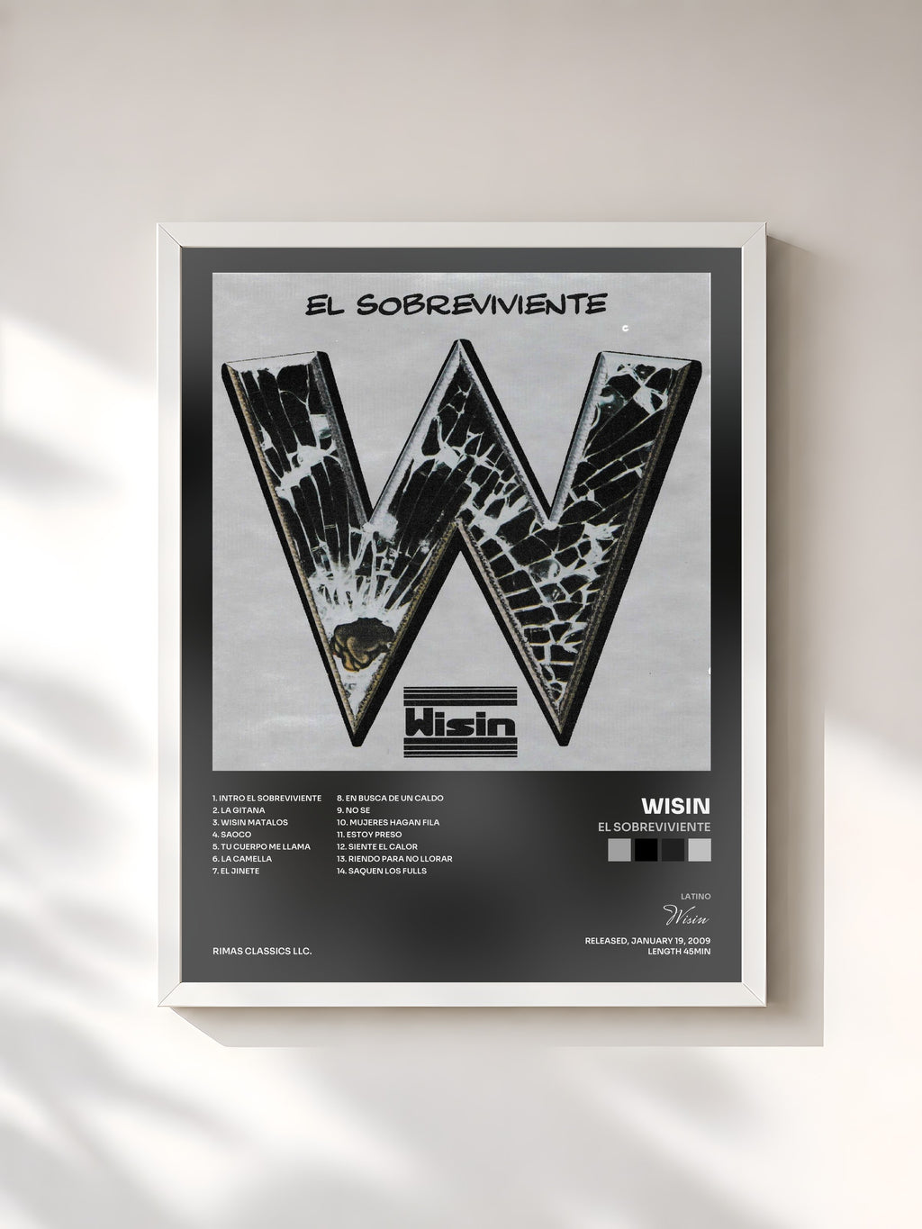 #blanc Tableau de l'album El Sobreviviente de Wisin, cadre blanc, imprimé et encadré en France