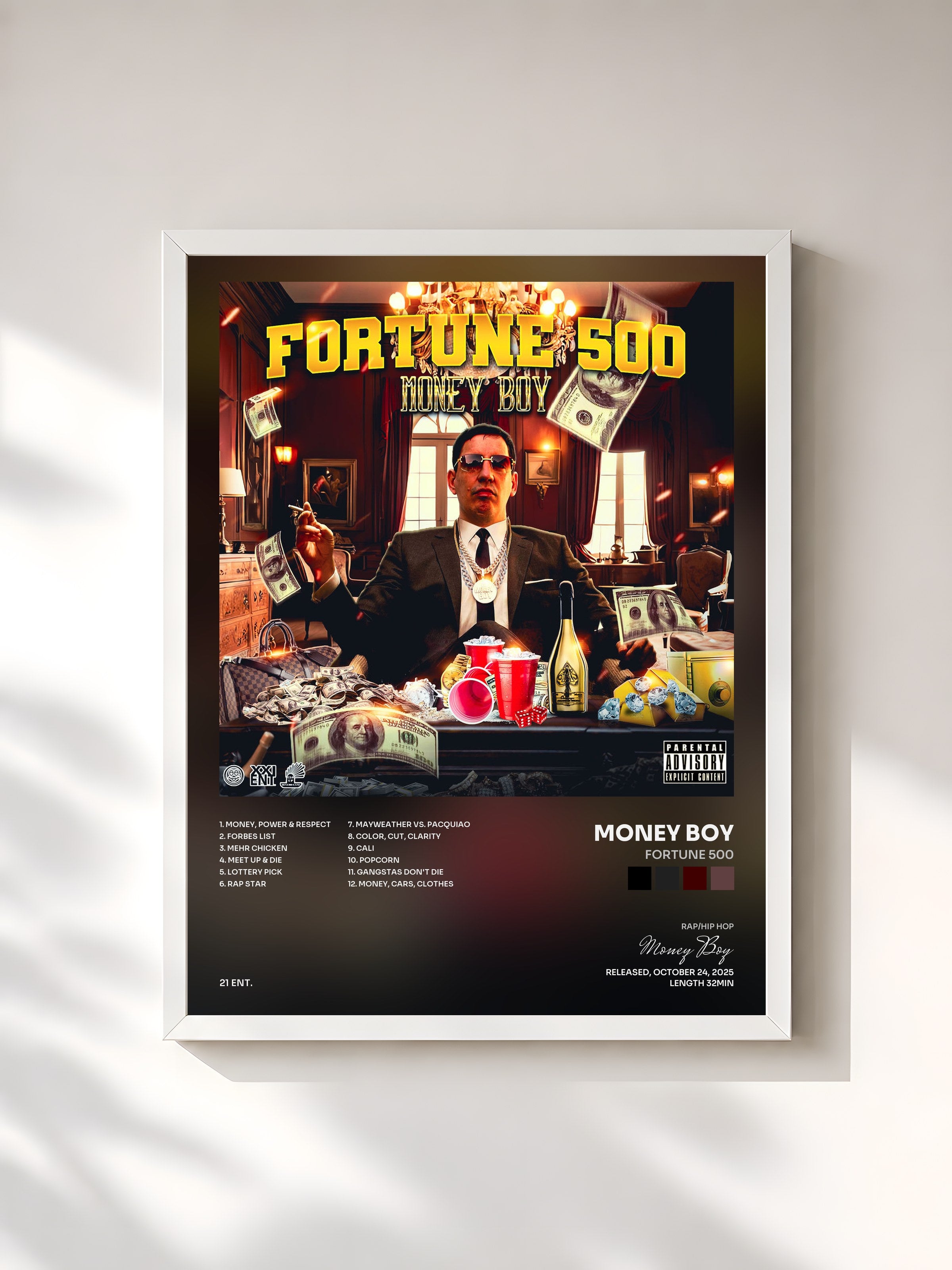 #blanc Tableau de l'album Fortune 500 de Money Boy, cadre blanc, imprimé et encadré en France