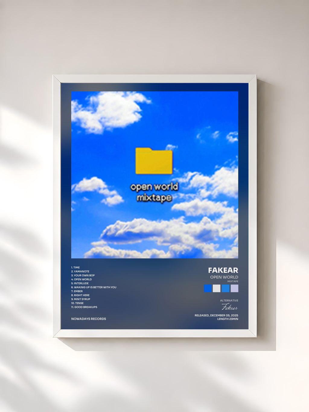 #blanc Tableau de l'album open world (mixtape) de Fakear, cadre blanc, imprimé et encadré en France