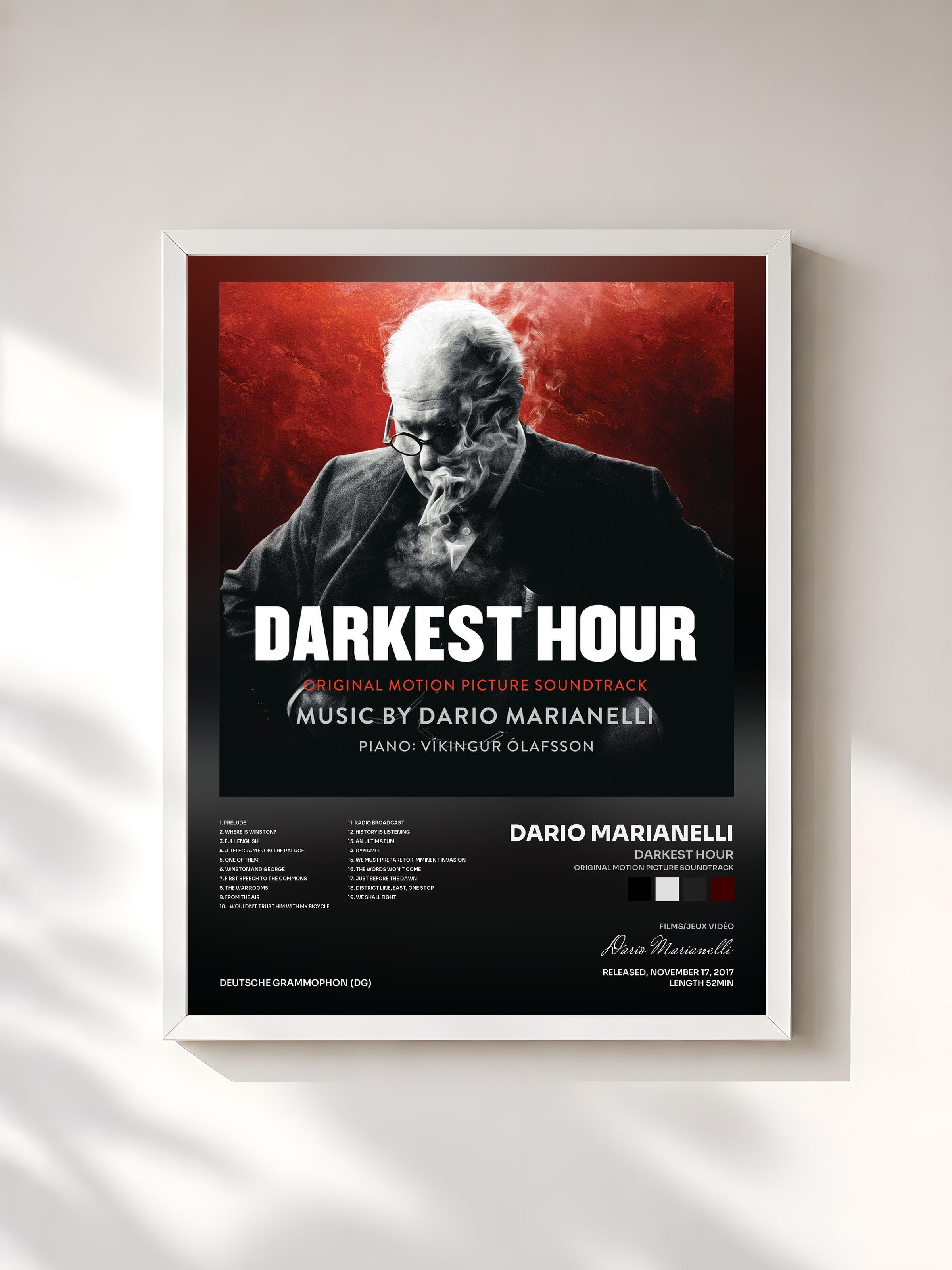 #blanc Tableau de l'album Darkest Hour (Original Motion Picture Soundtrack) de Dario Marianelli, cadre blanc, imprimé et encadré en France