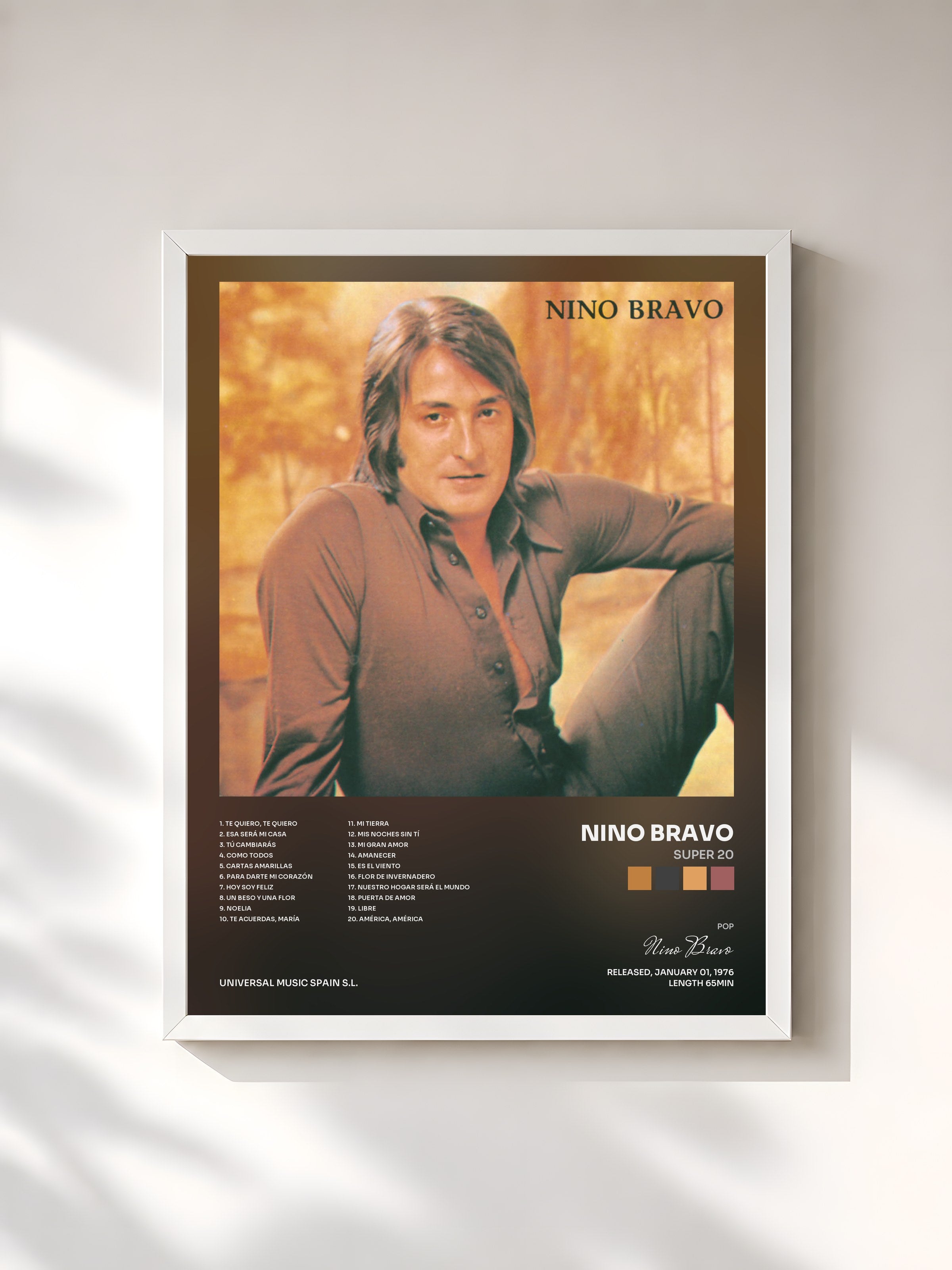 #blanc Tableau de l'album Super 20 de Nino Bravo, cadre blanc, imprimé et encadré en France