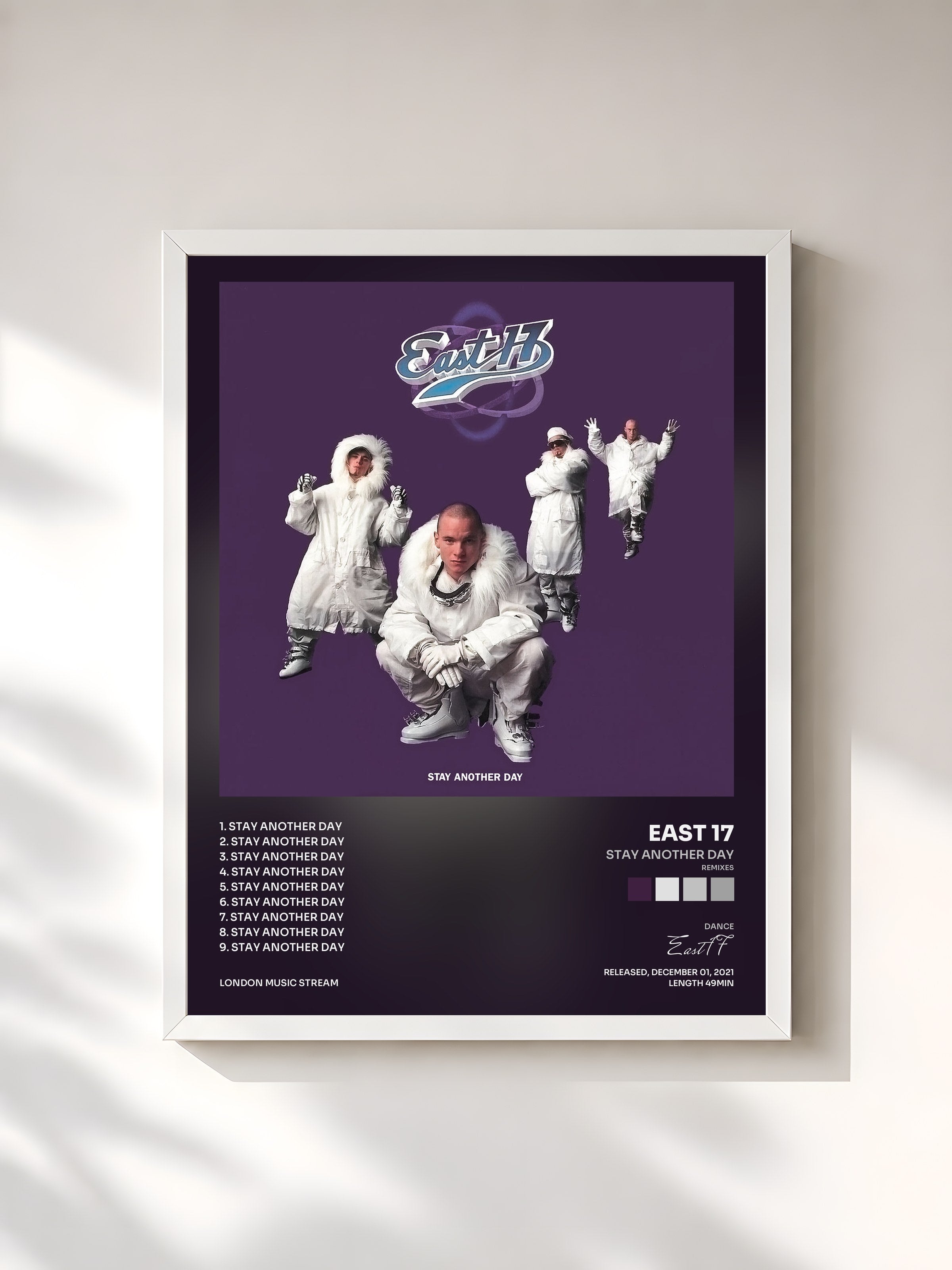 #blanc Tableau de l'album Stay Another Day (Remixes) de East 17, cadre blanc, imprimé et encadré en France