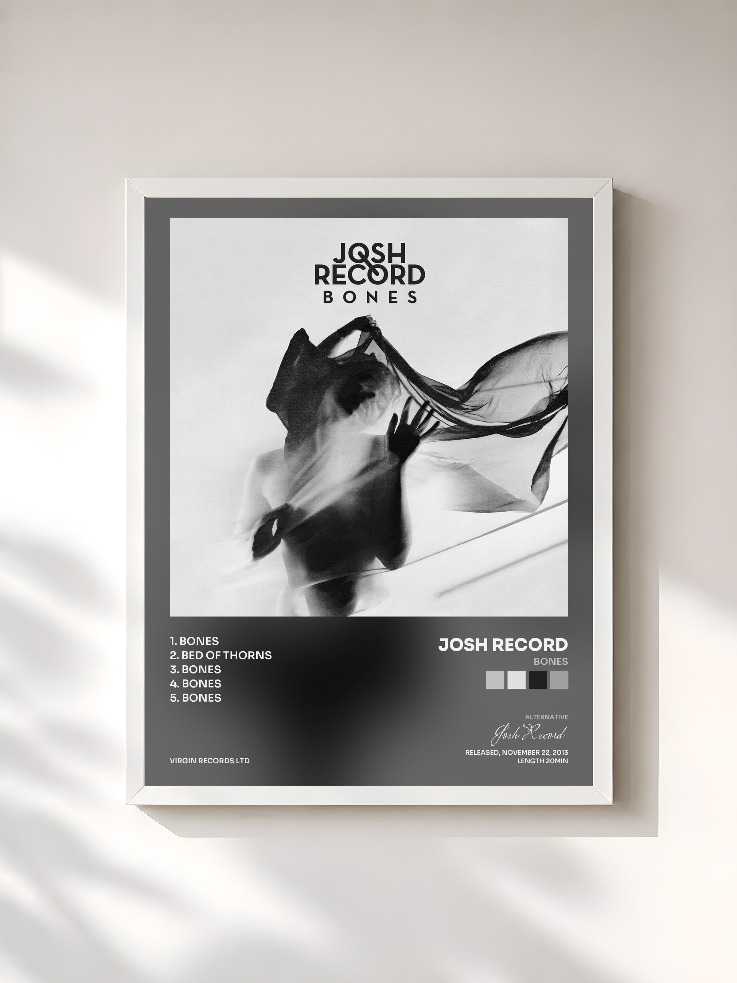 #blanc Tableau de l'album Bones de Josh Record, cadre blanc, imprimé et encadré en France