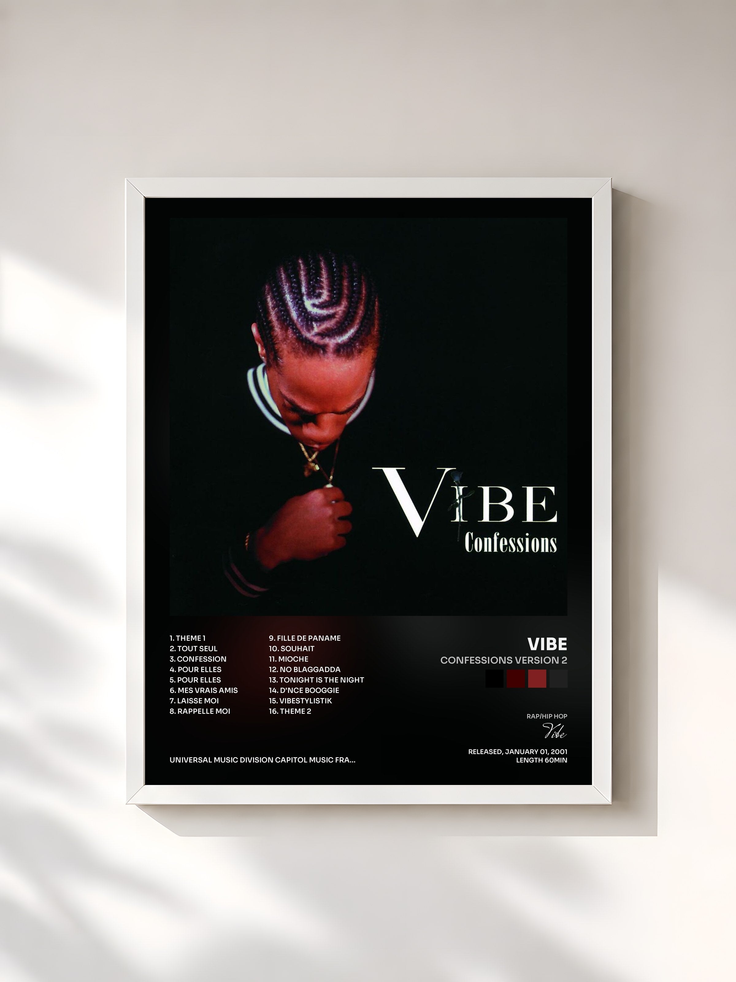 #blanc Tableau de l'album Confessions Version 2 de Vibe, cadre blanc, imprimé et encadré en France