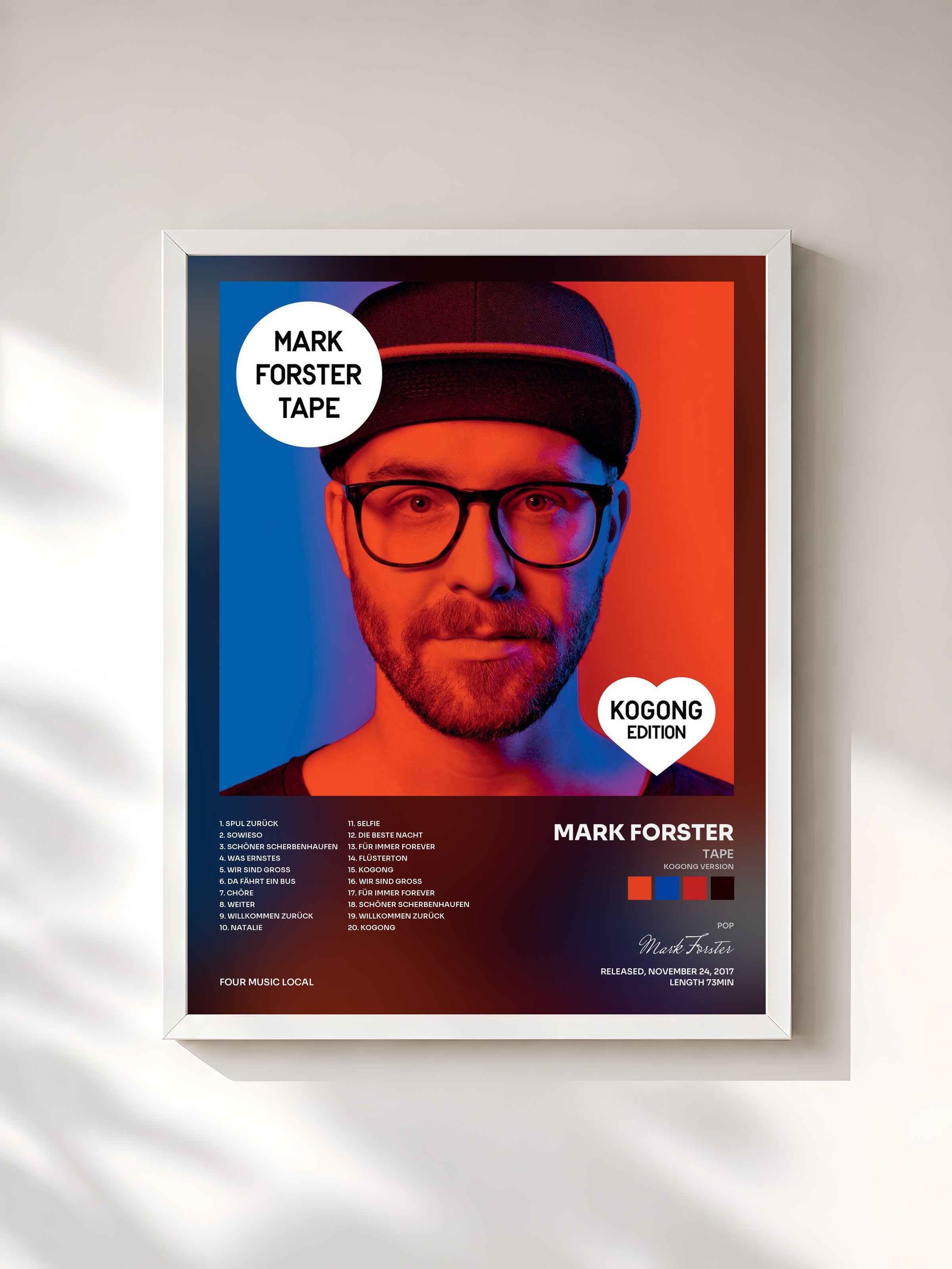 #blanc Tableau de l'album TAPE (Kogong Version) de Mark Forster, cadre blanc, imprimé et encadré en France