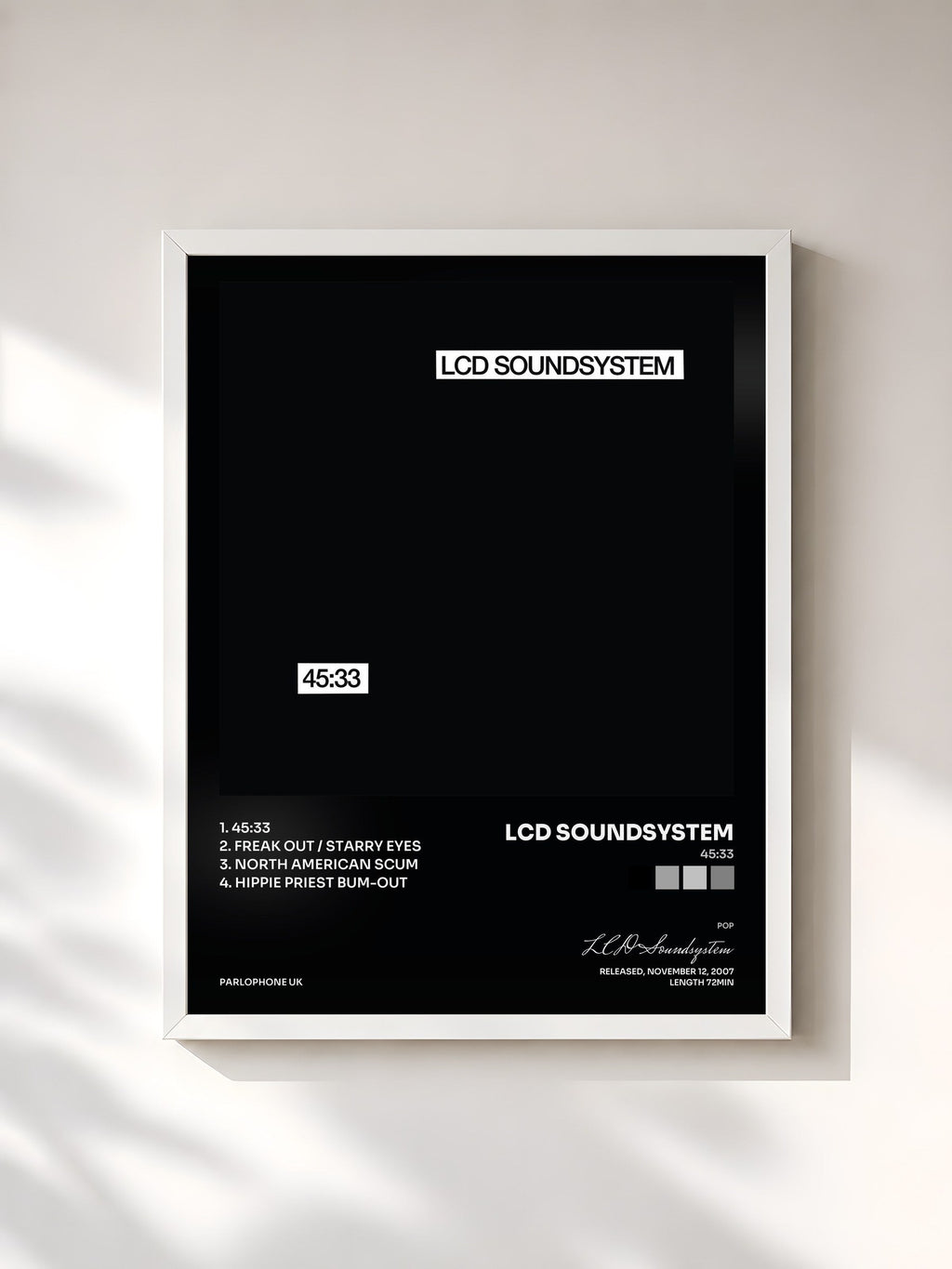 #blanc Tableau de l'album 45:33 de LCD Soundsystem, cadre blanc, imprimé et encadré en France