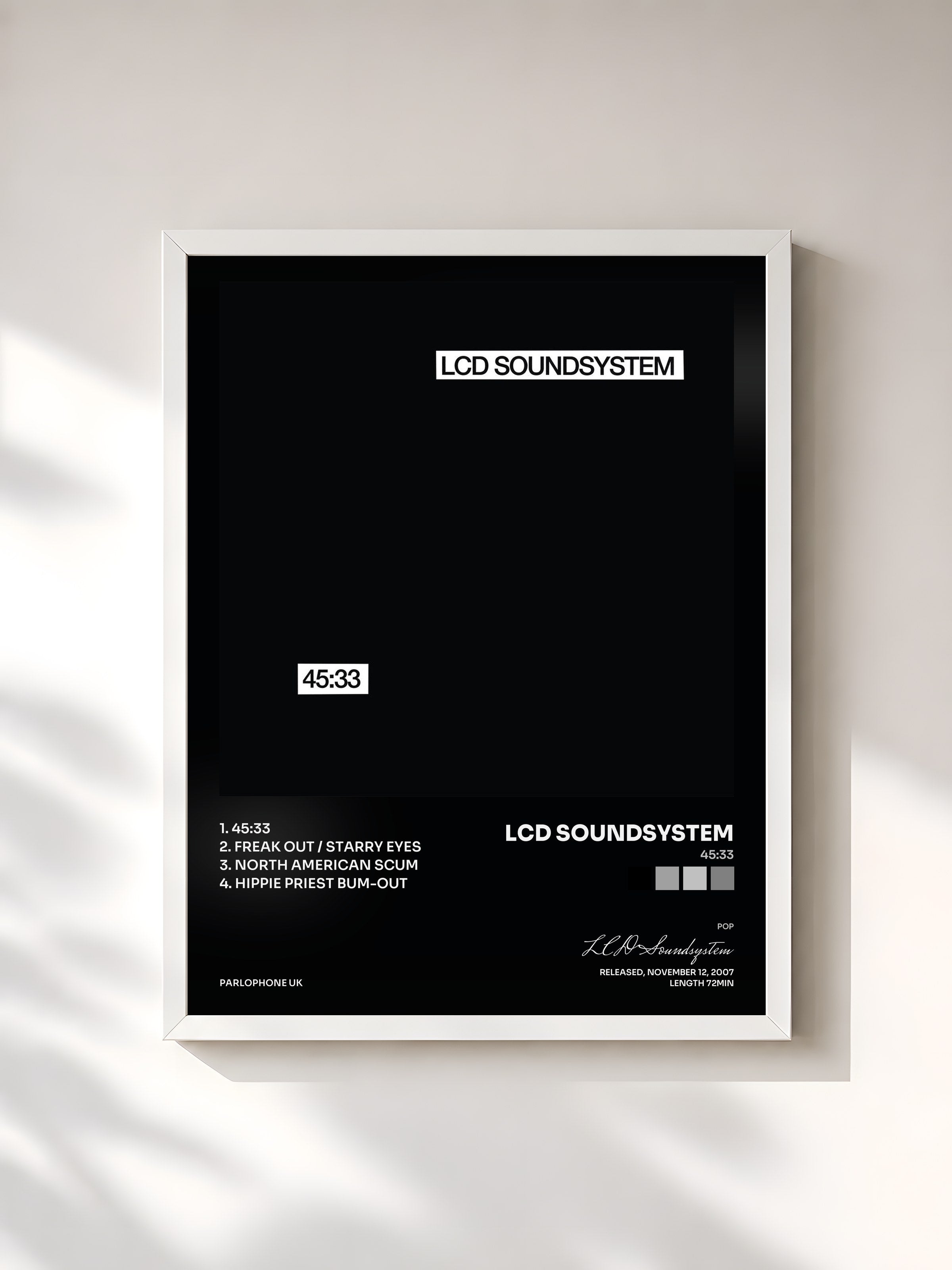 #blanc Tableau de l'album 45:33 de LCD Soundsystem, cadre blanc, imprimé et encadré en France